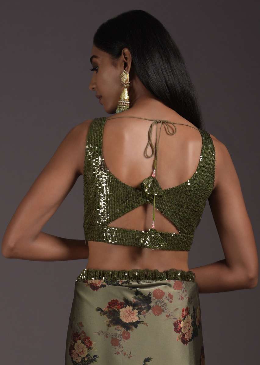 Olive Green Sleeveless Blouse Embellished In Sequins With Cut Outs In The Front And Back - Image 2