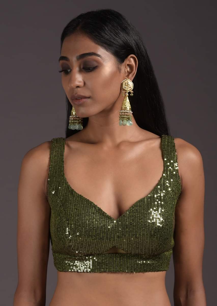 Olive Green Sleeveless Blouse Embellished In Sequins With Cut Outs In The Front And Back - Image 4