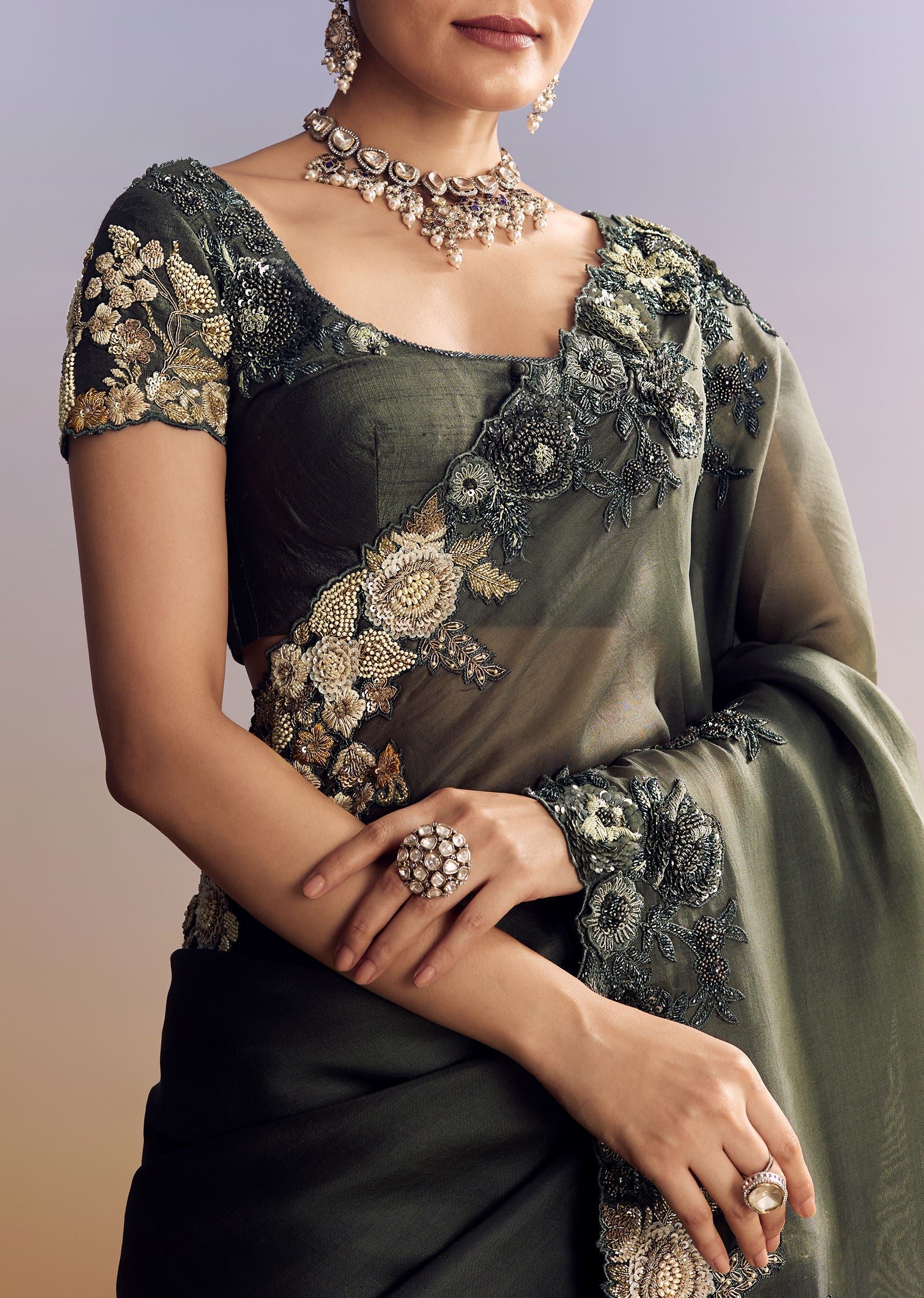 Olive Green Tissue Saree With Cutwork Border And Heavy Embroidery - Image 2