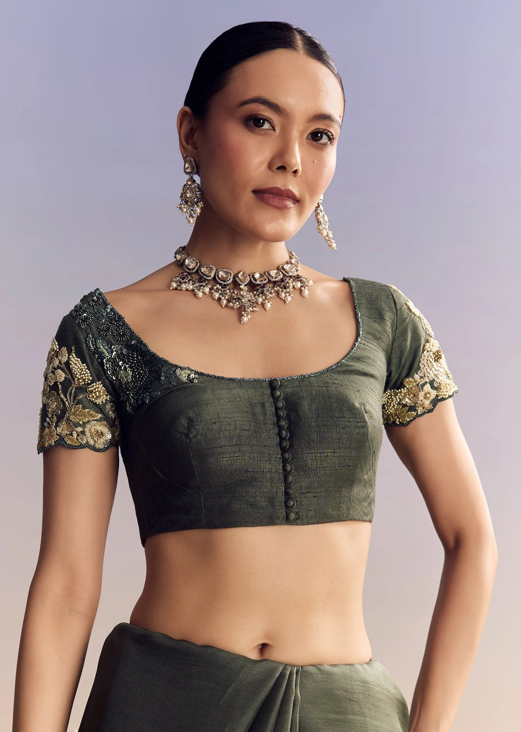 Olive Green Tissue Saree With Cutwork Border And Heavy Embroidery - Image 7