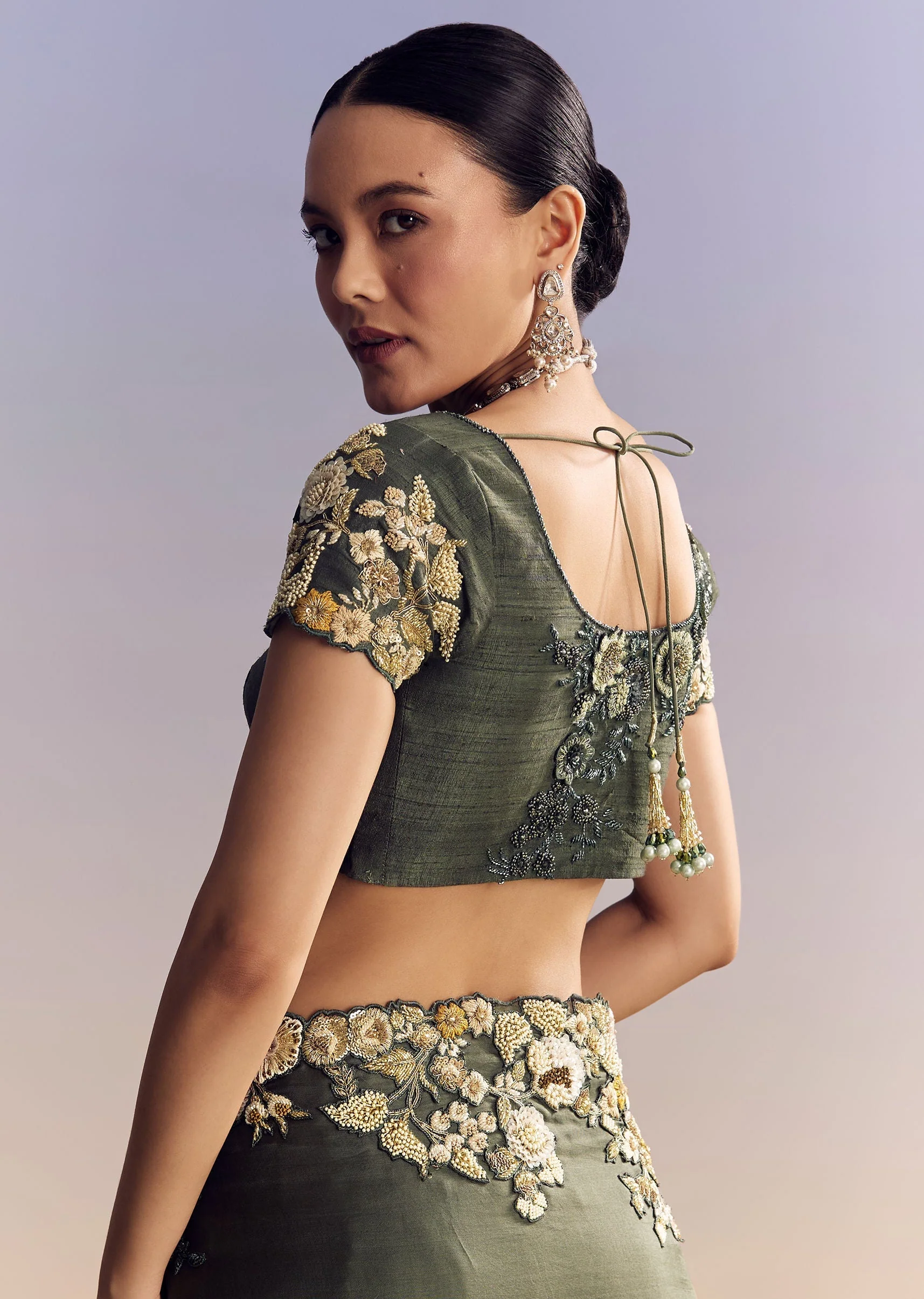 Olive Green Tissue Saree With Cutwork Border And Heavy Embroidery - Image 8