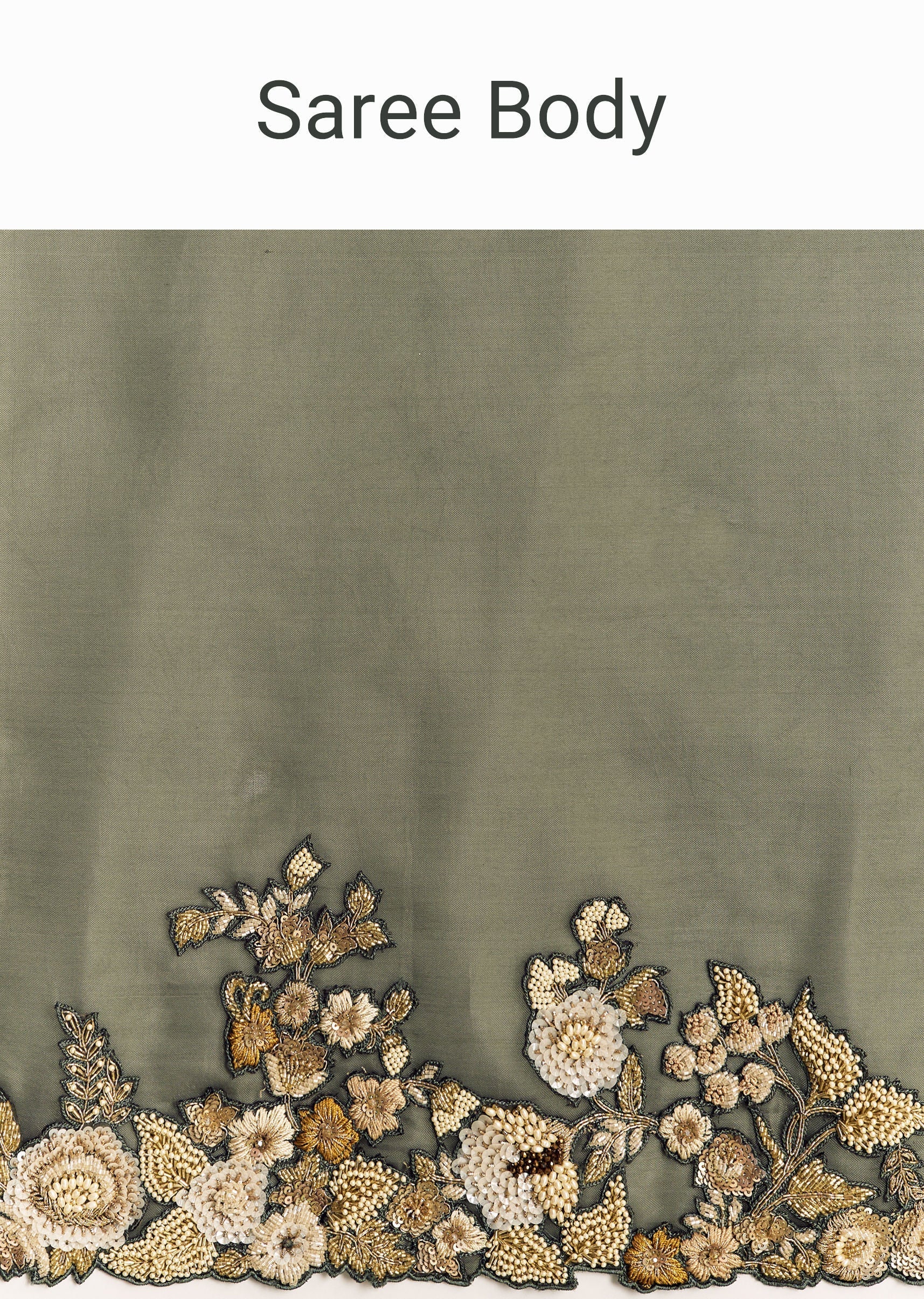Olive Green Tissue Saree With Cutwork Border And Heavy Embroidery - Image 9