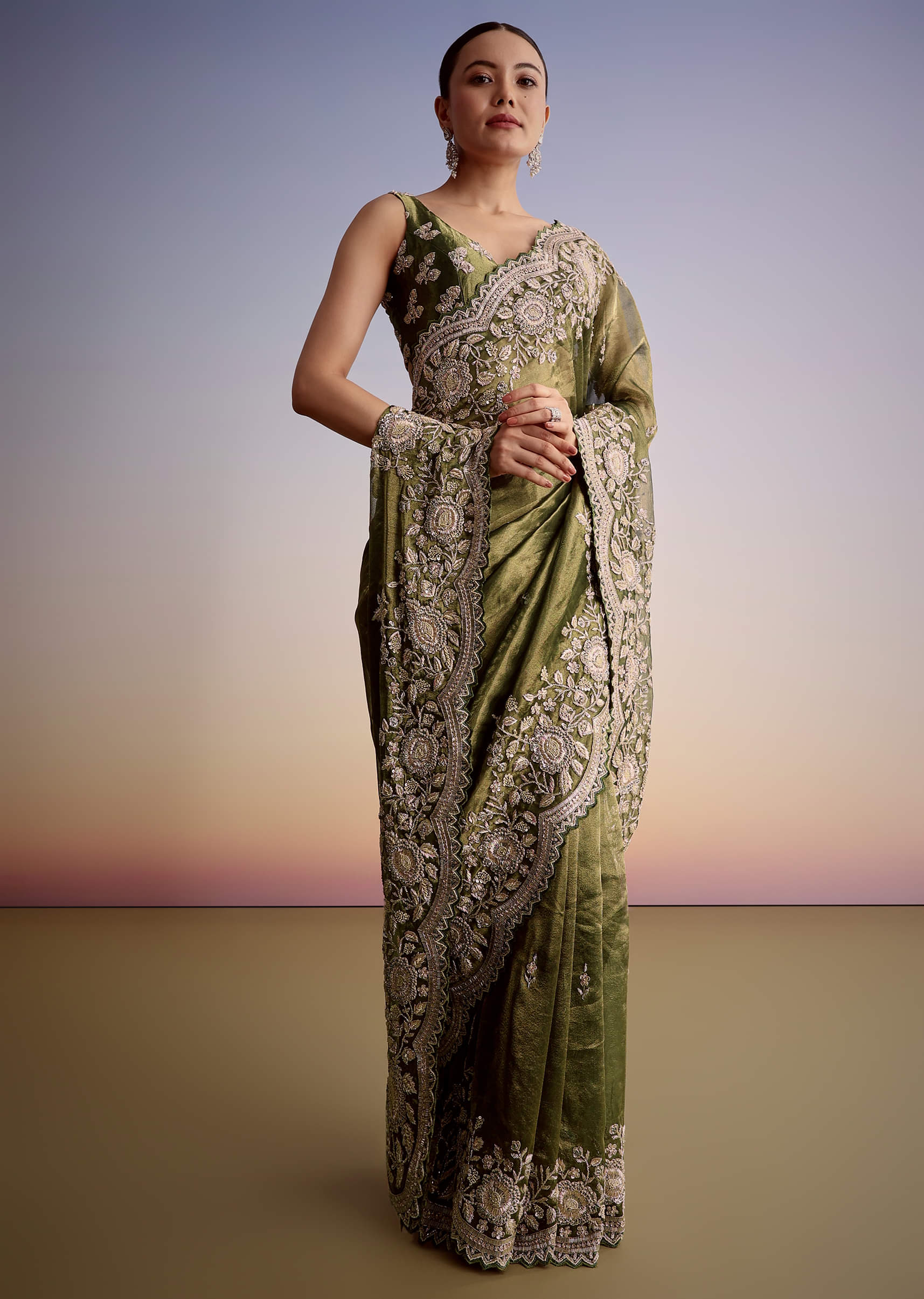 Olive Green Tissue Saree With Scallop Embroidered Border - Image 5