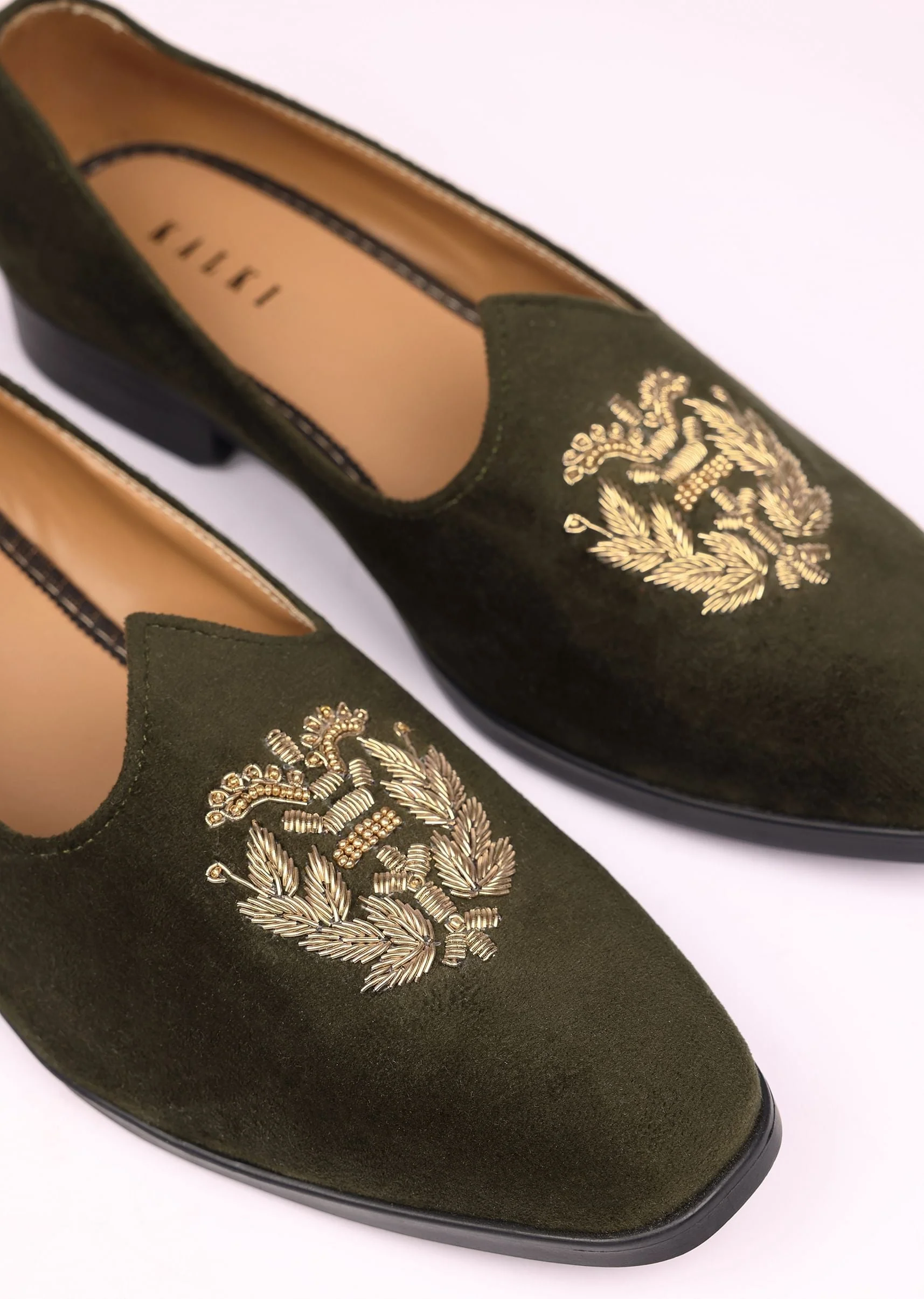 Olive Green Velvet Jutti With Hand Work For Men - Image 2