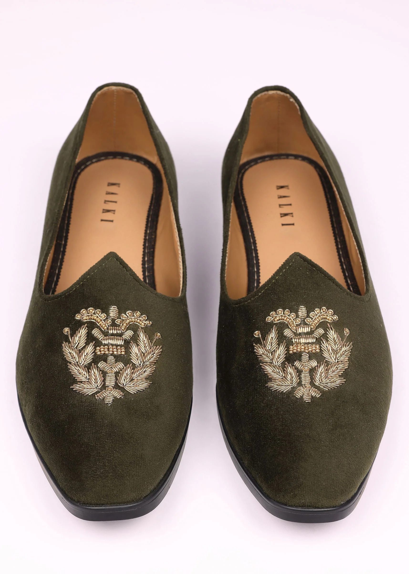 Olive Green Velvet Jutti With Hand Work For Men - Image 4