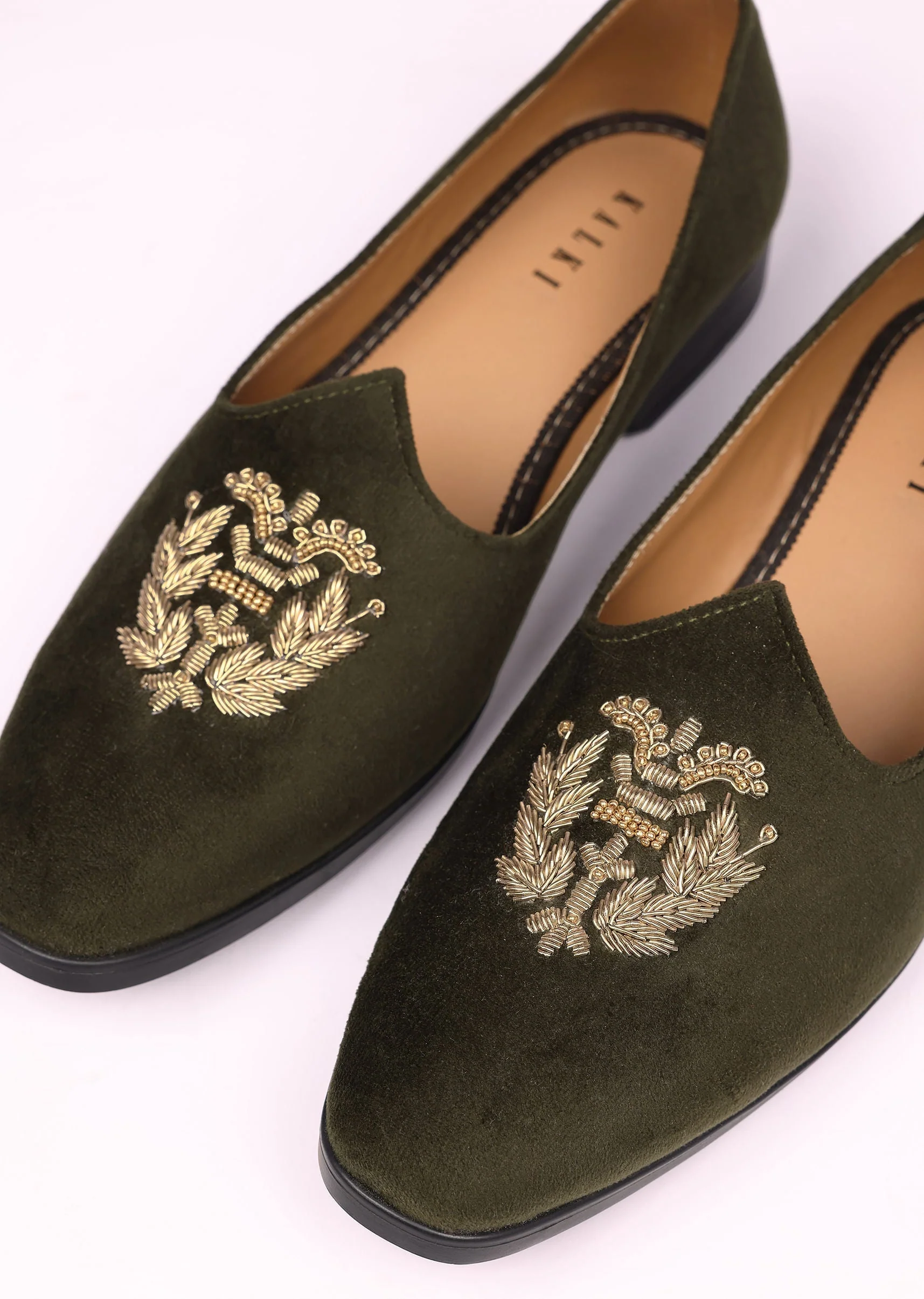 Olive Green Velvet Jutti With Hand Work For Men - Image 5
