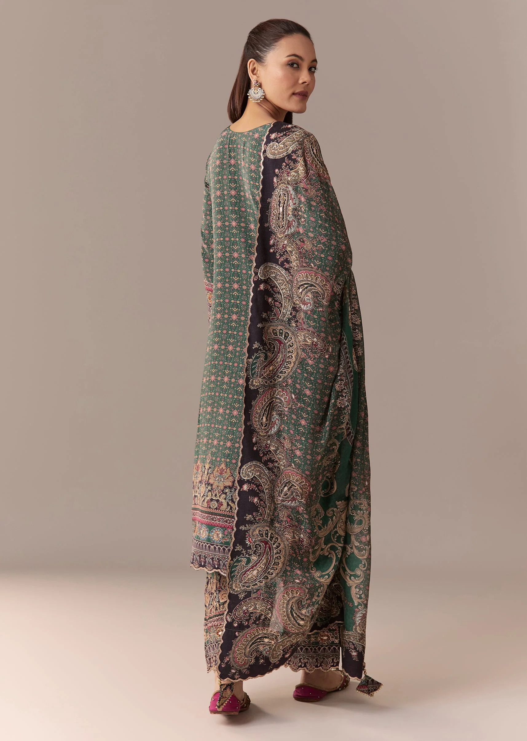Olive Indie Coordinated Set – Printed Kurta Set With Dupatta For Her And Olive Silk Kurta Set With Dupatta For Him - Image 4