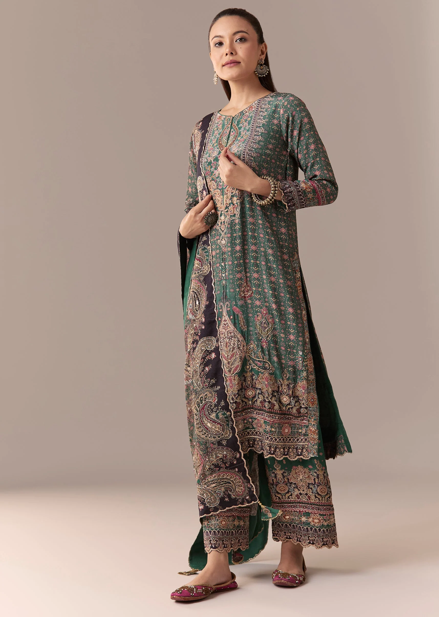 Olive Indie Coordinated Set – Printed Kurta Set With Dupatta For Her And Olive Silk Kurta Set With Dupatta For Him - Image 5
