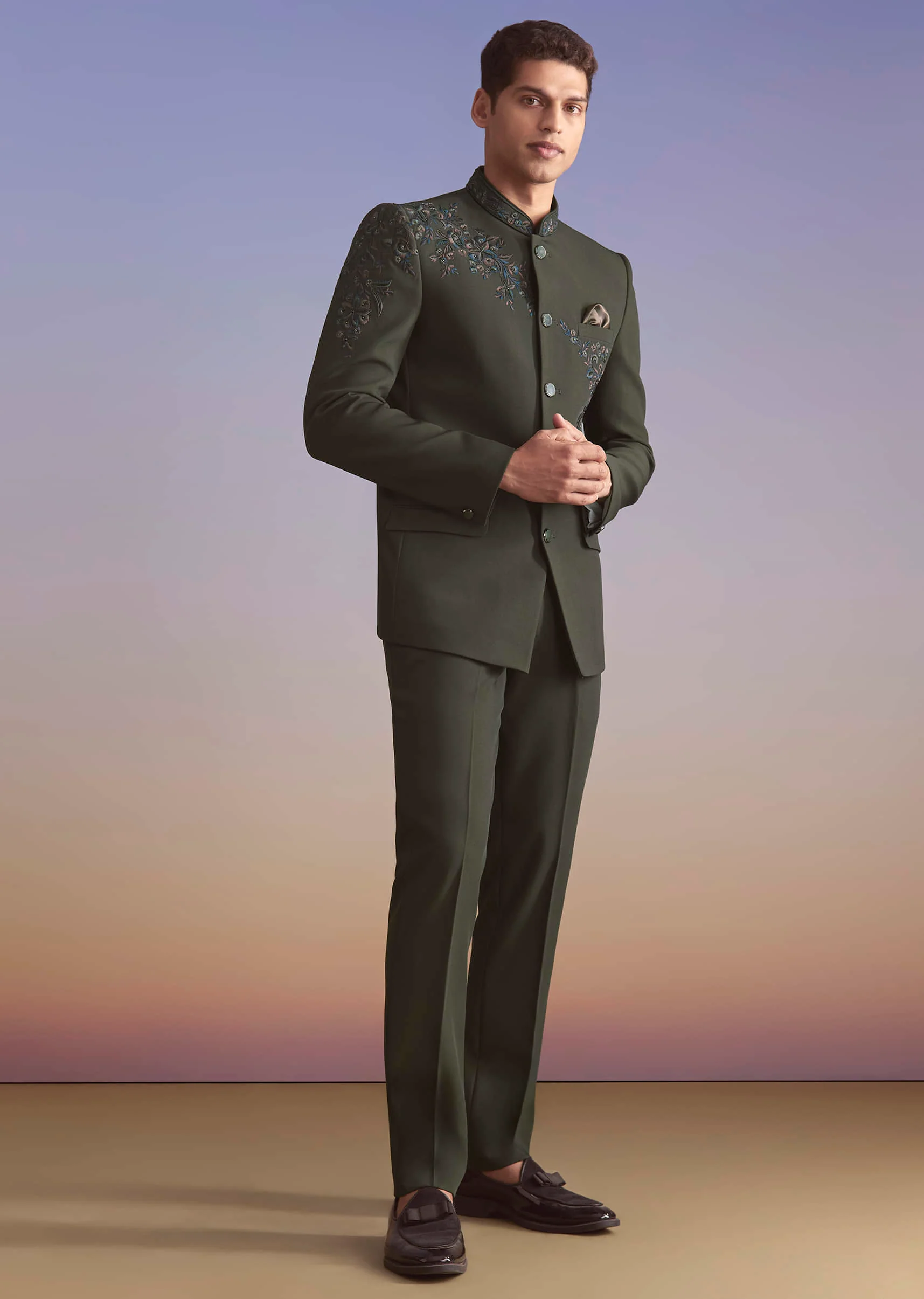 Olive Jodhpuri Suit For Men With Resham Work - Image 3