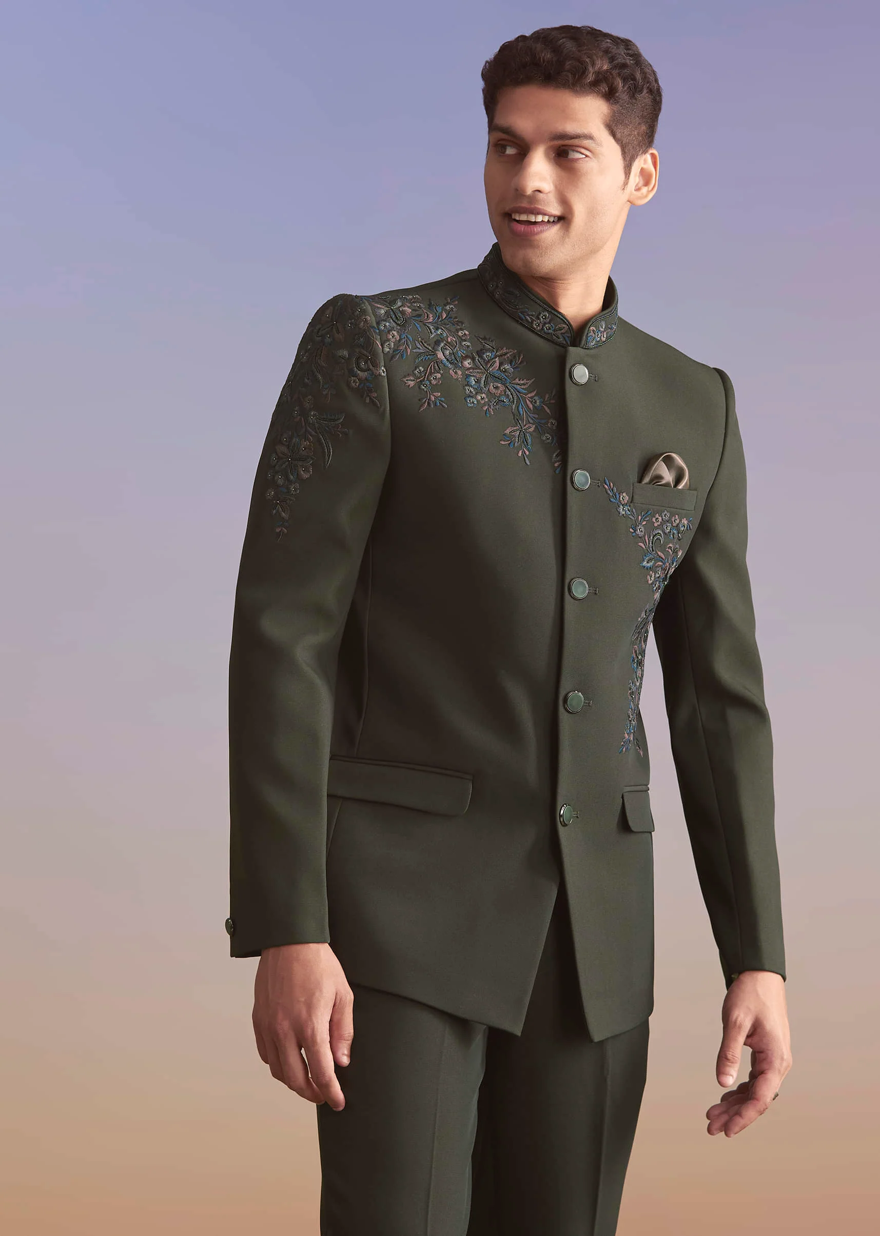 Olive Jodhpuri Suit For Men With Resham Work - Image 4