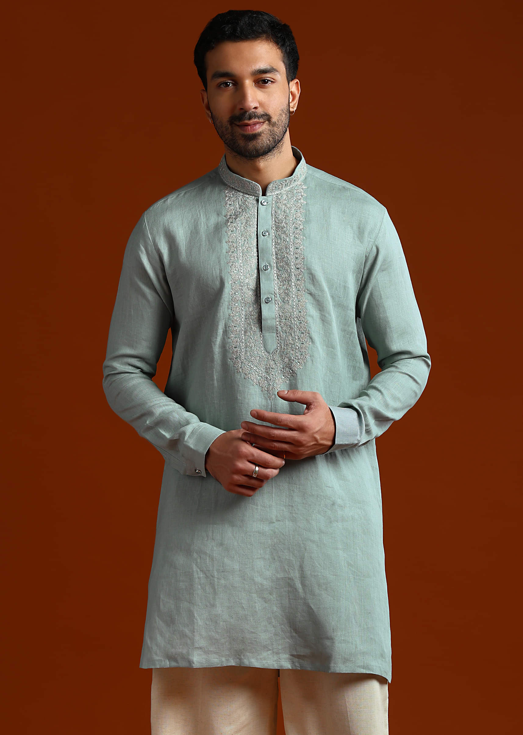 Olive Linen Kurta Set For Men With Resham Embroidery
