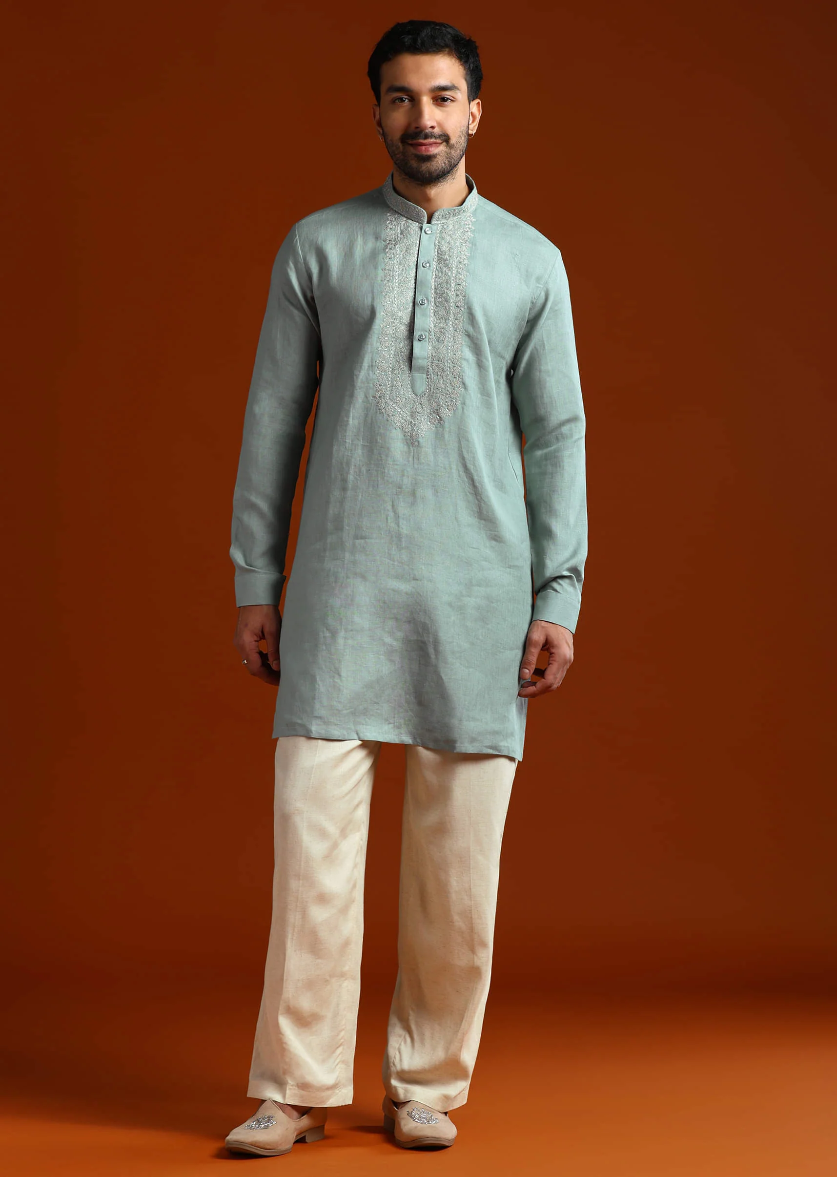 Olive Linen Kurta Set For Men With Resham Embroidery - Image 2