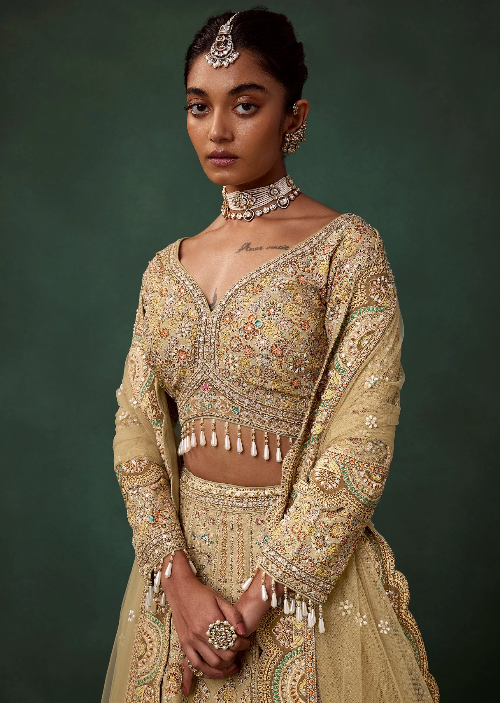 Olive Motif Printed Kali Bridal Lehenga Set with Heavy Embroidery - Image 3