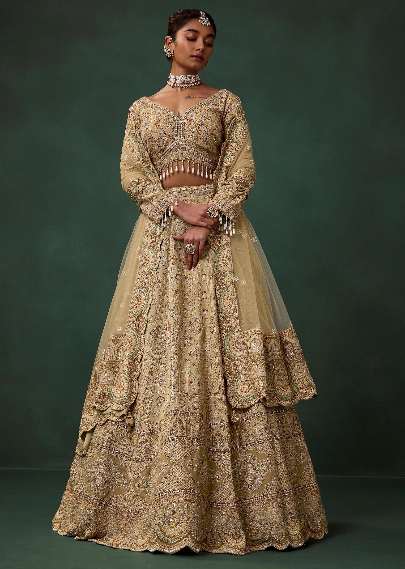 Olive Motif Printed Kali Bridal Lehenga Set with Heavy Embroidery - Image 4