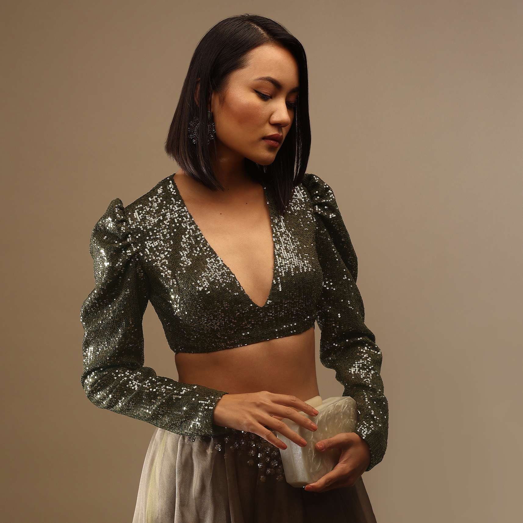 Olive Night Sequins Blouse With A V Neckline Full Sleeves And A Covered Back Neck - Image 3