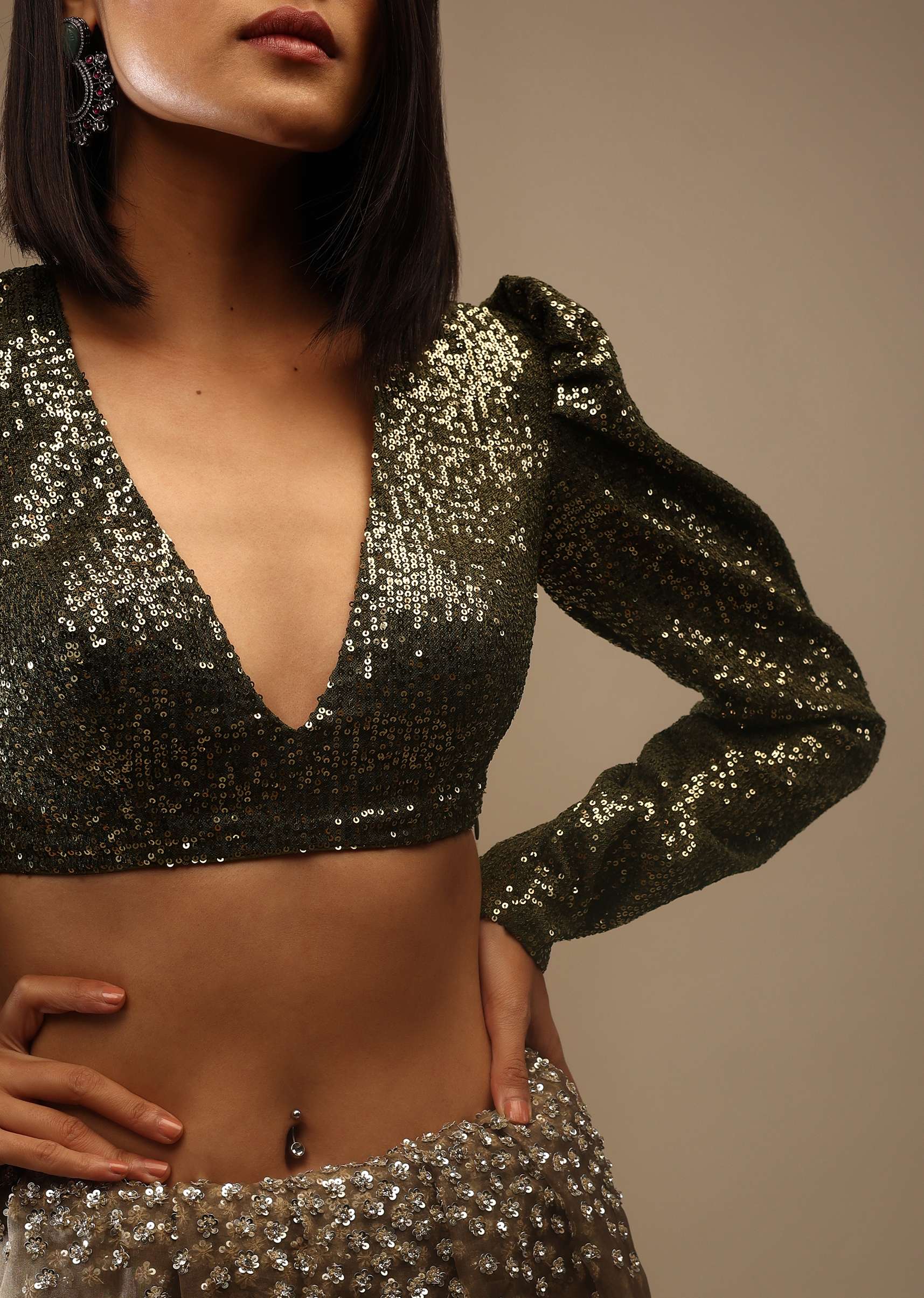 Olive Night Sequins Blouse With A V Neckline Full Sleeves And A Covered Back Neck - Image 5