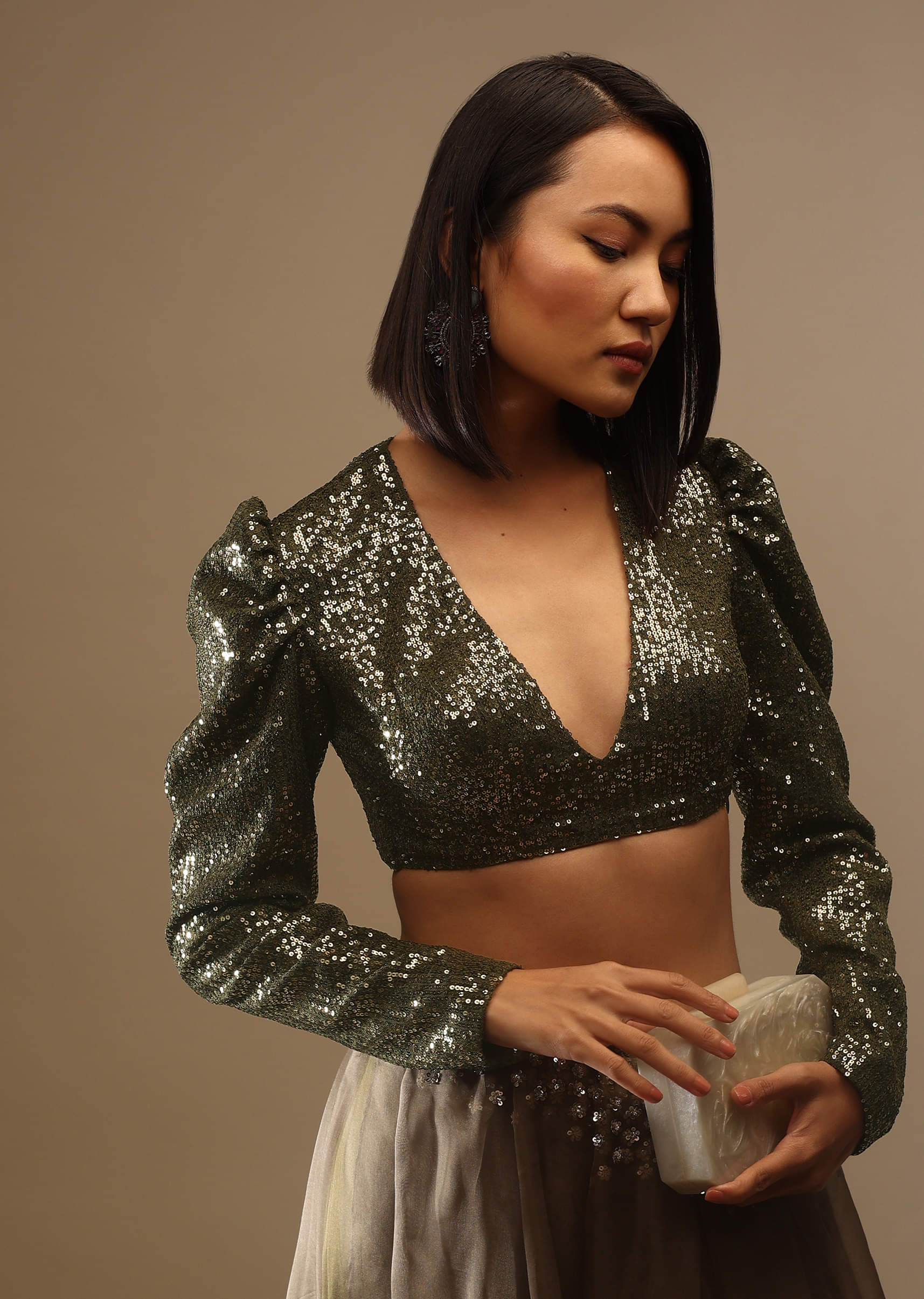 Olive Night Sequins Blouse With A V Neckline Full Sleeves And A Covered Back Neck - Image 6