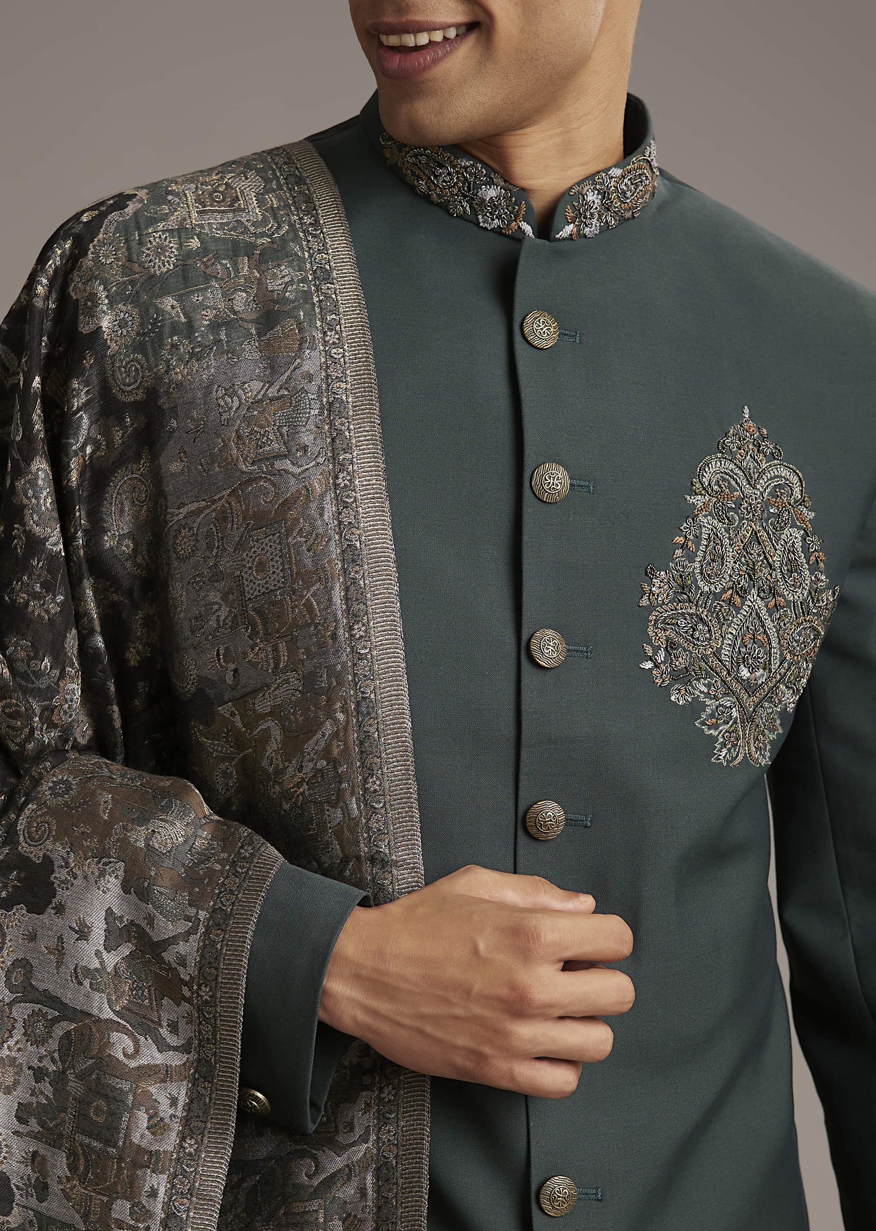 Olive Rayon Groomsman Sherwani With Intricate Hand Embroidery - Image 2