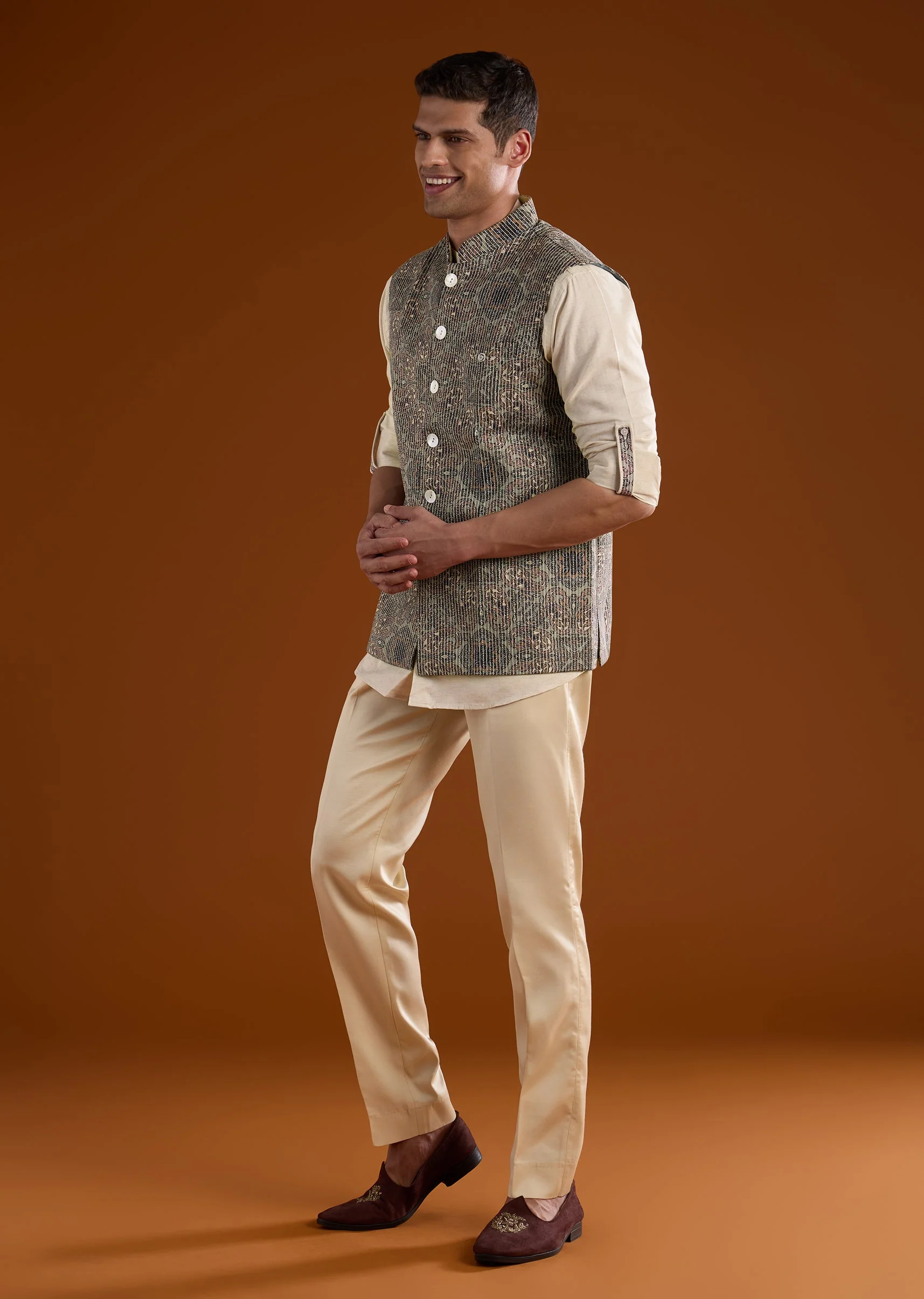 Olive Silk Mens Kurta Jacket Set - Image 3