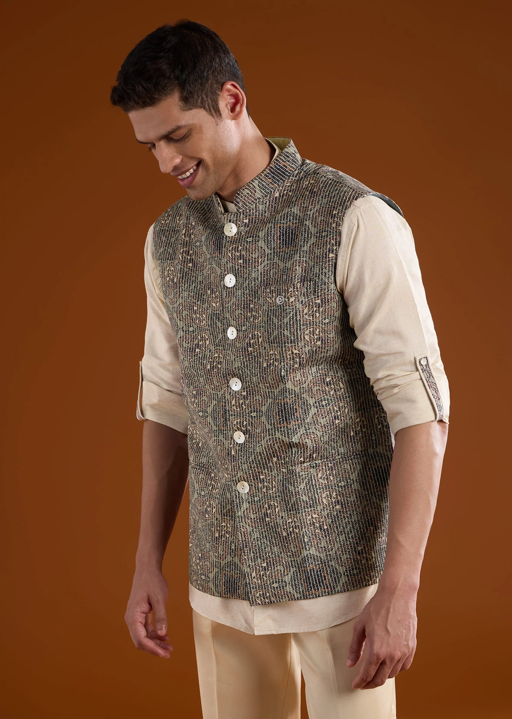 Olive Silk Mens Kurta Jacket Set - Image 4