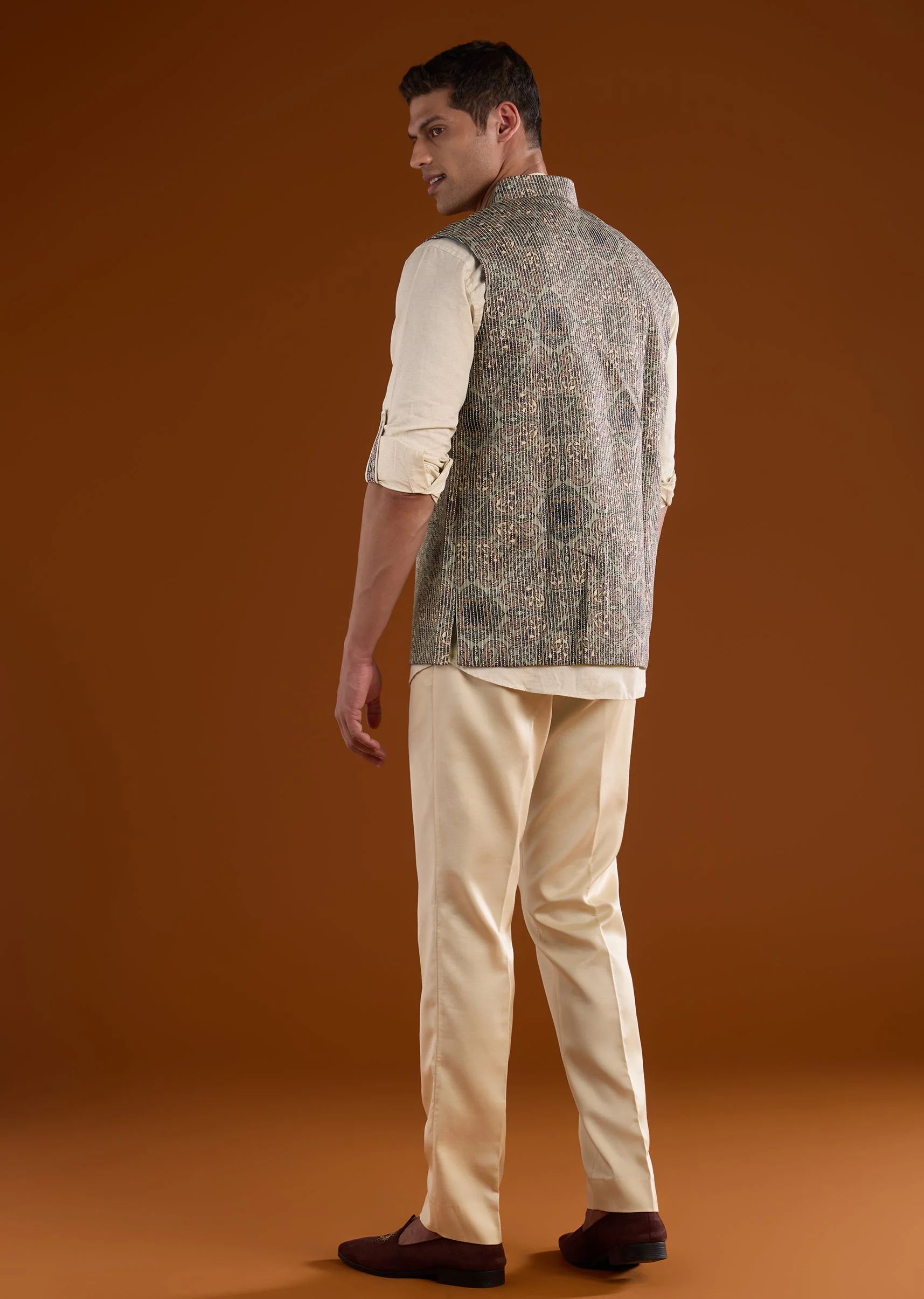 Olive Silk Mens Kurta Jacket Set - Image 5