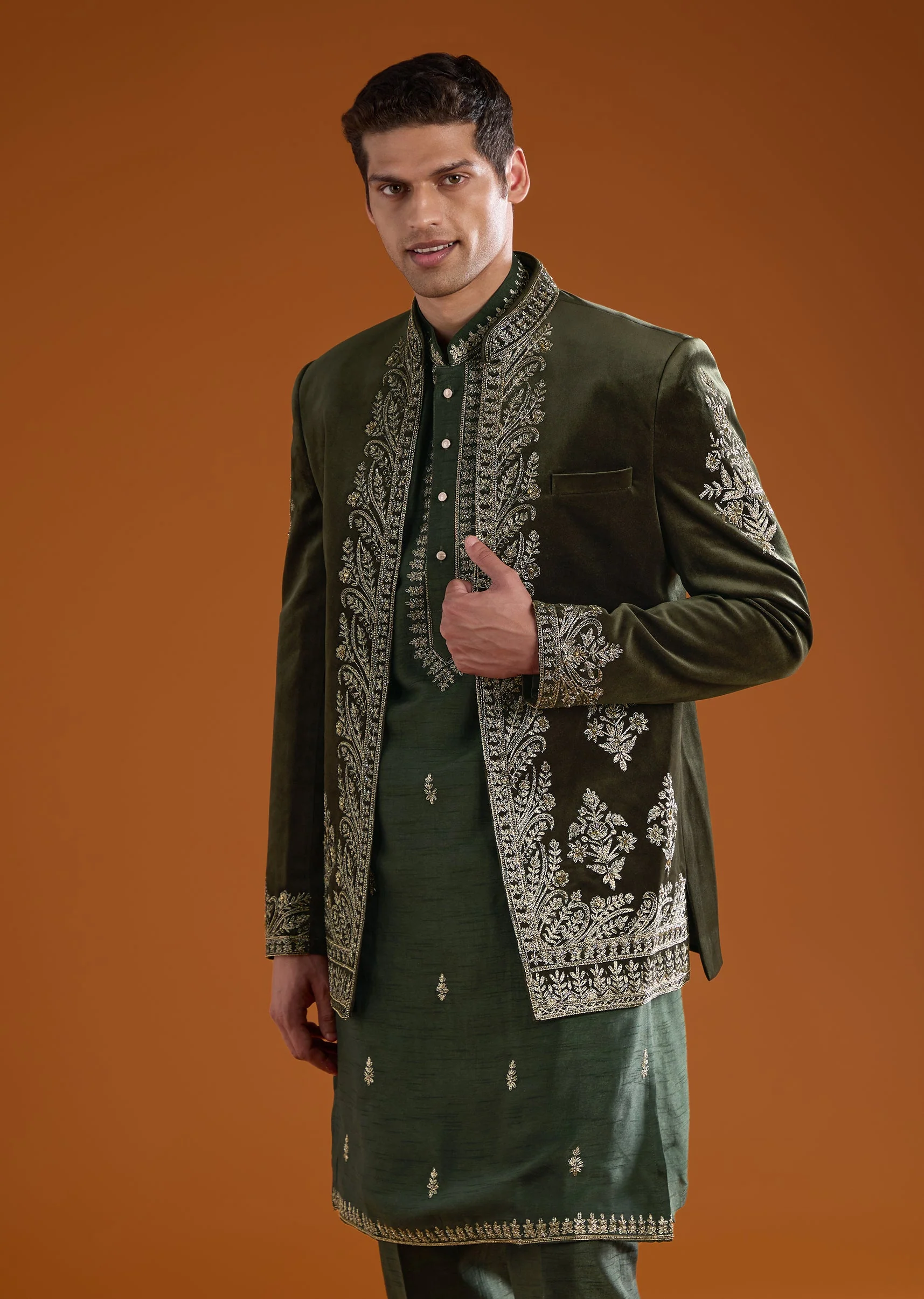 Olive Velvet Jodhpuri Kurta Set with Zardozi Embroidery - Image 4