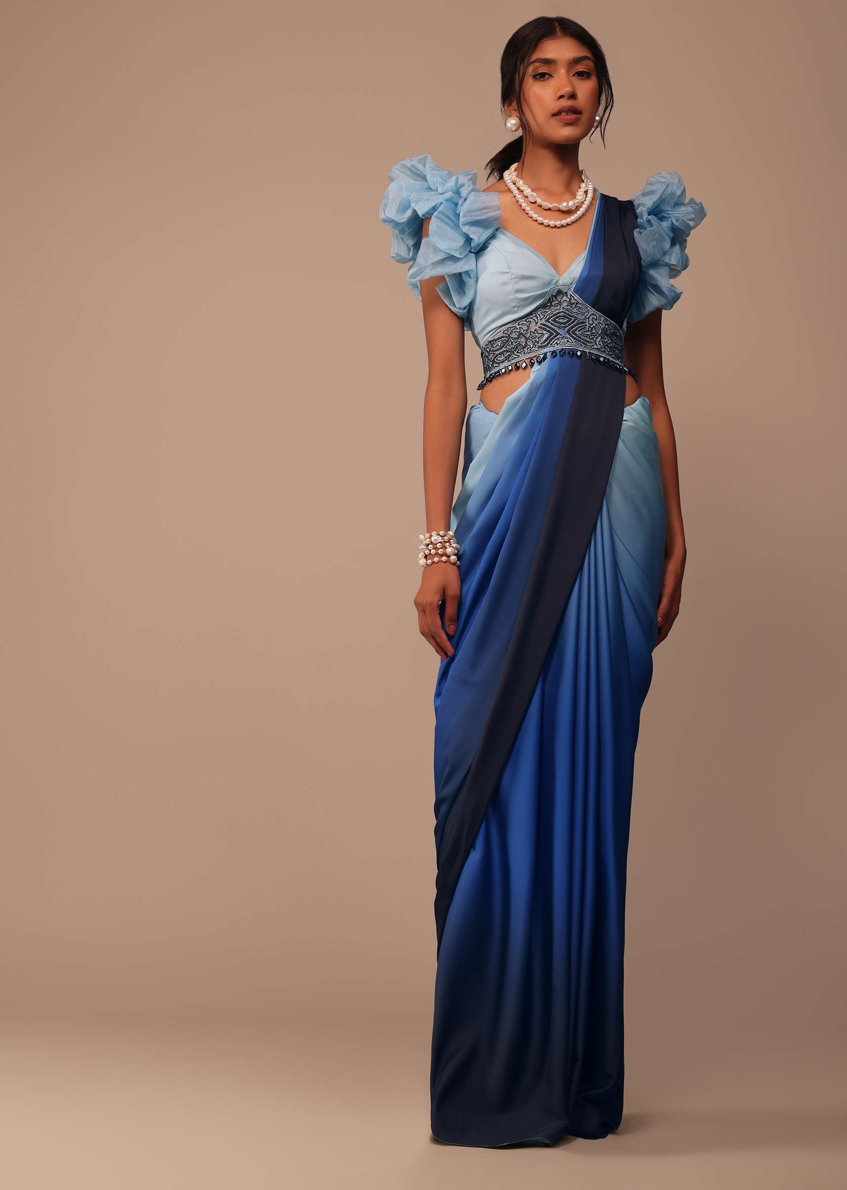 Ombre Blue Satin Saree With Fancy Organza Ruffle Blouse - Image 3
