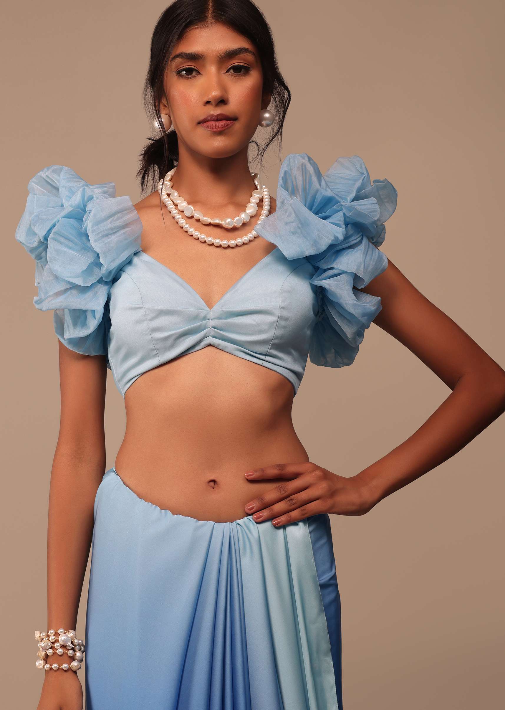 Ombre Blue Satin Saree With Fancy Organza Ruffle Blouse - Image 6