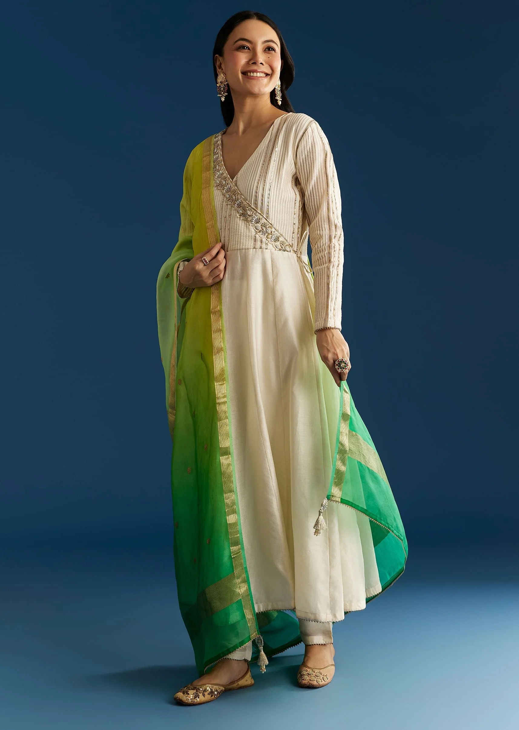 Ombre Chanderi Angrakha Style Anarkali Suit With Ombre Dupatta - Image 2