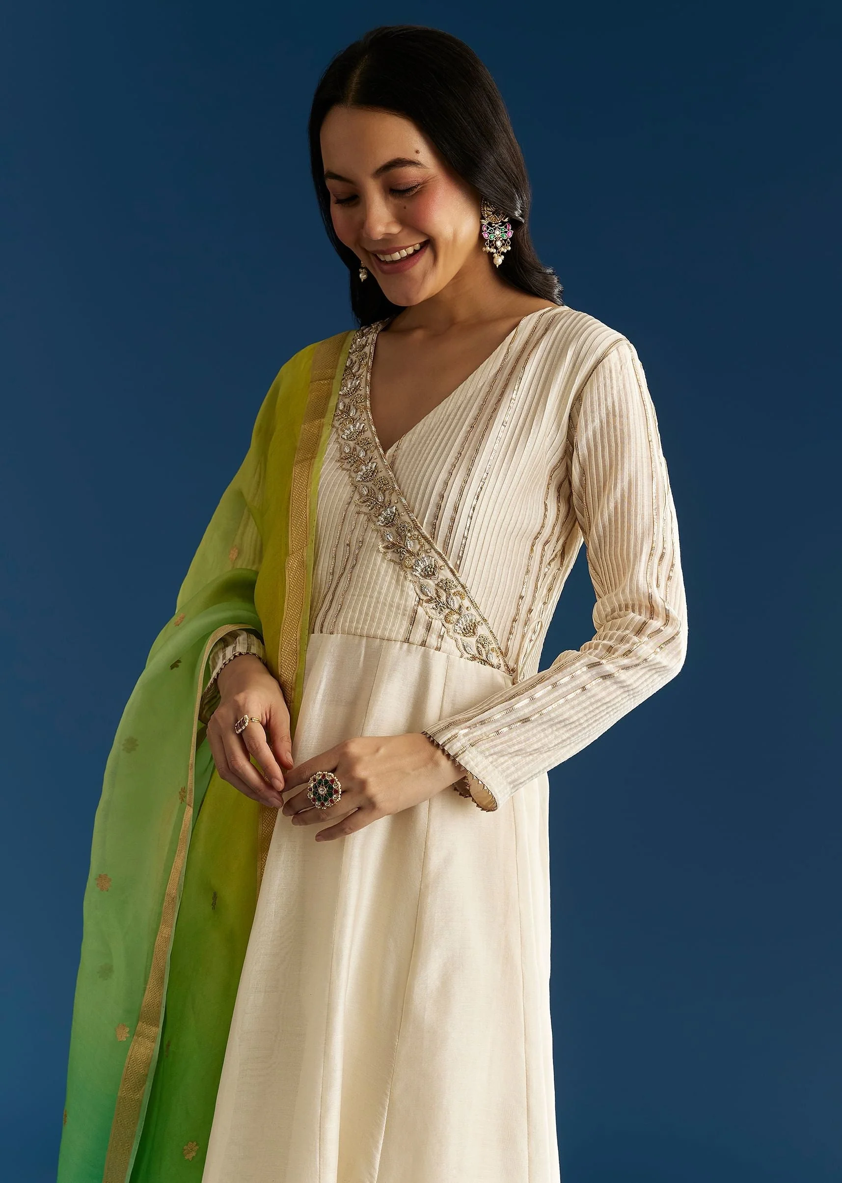Ombre Chanderi Angrakha Style Anarkali Suit With Ombre Dupatta - Image 3