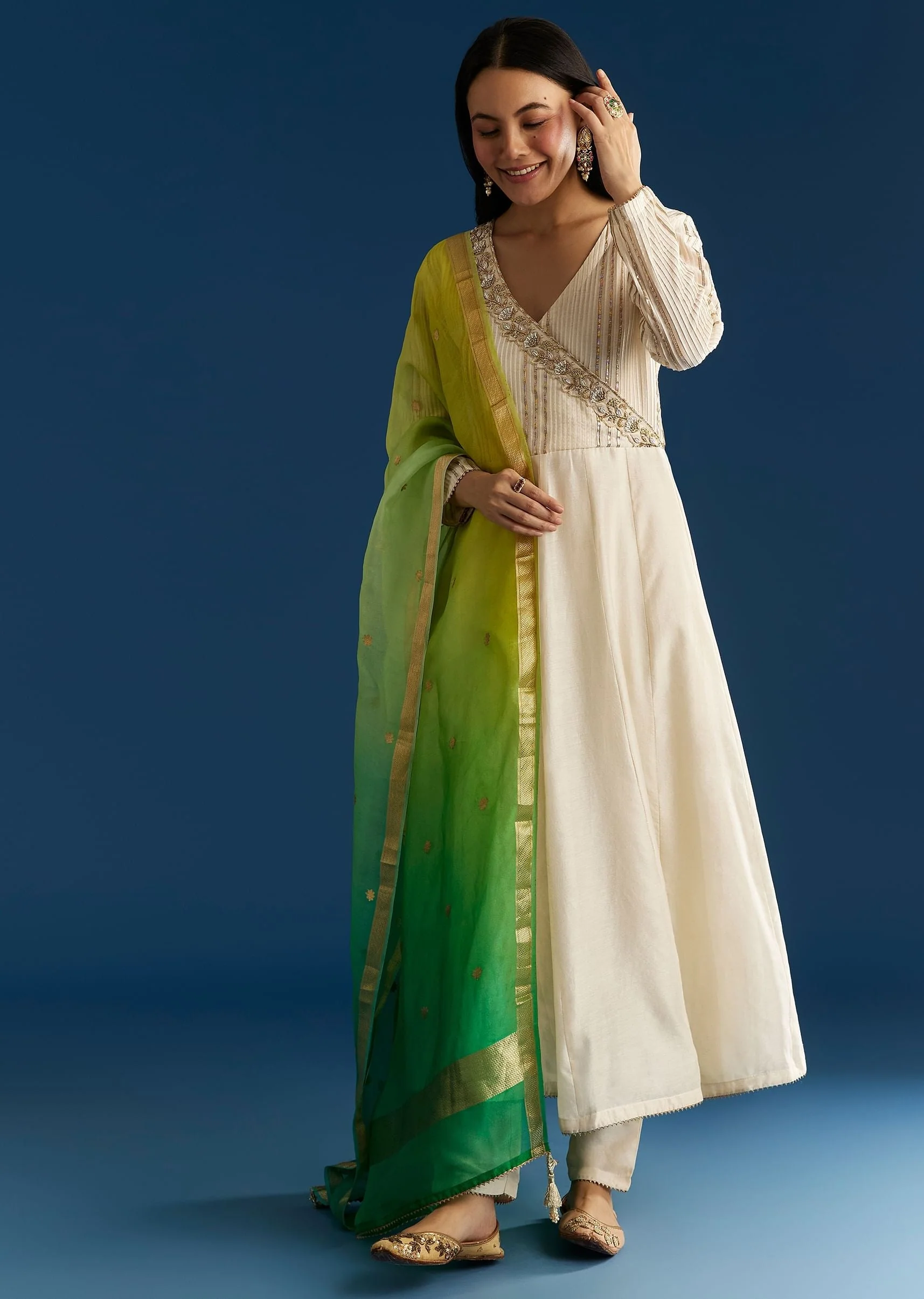 Ombre Chanderi Angrakha Style Anarkali Suit With Ombre Dupatta - Image 4