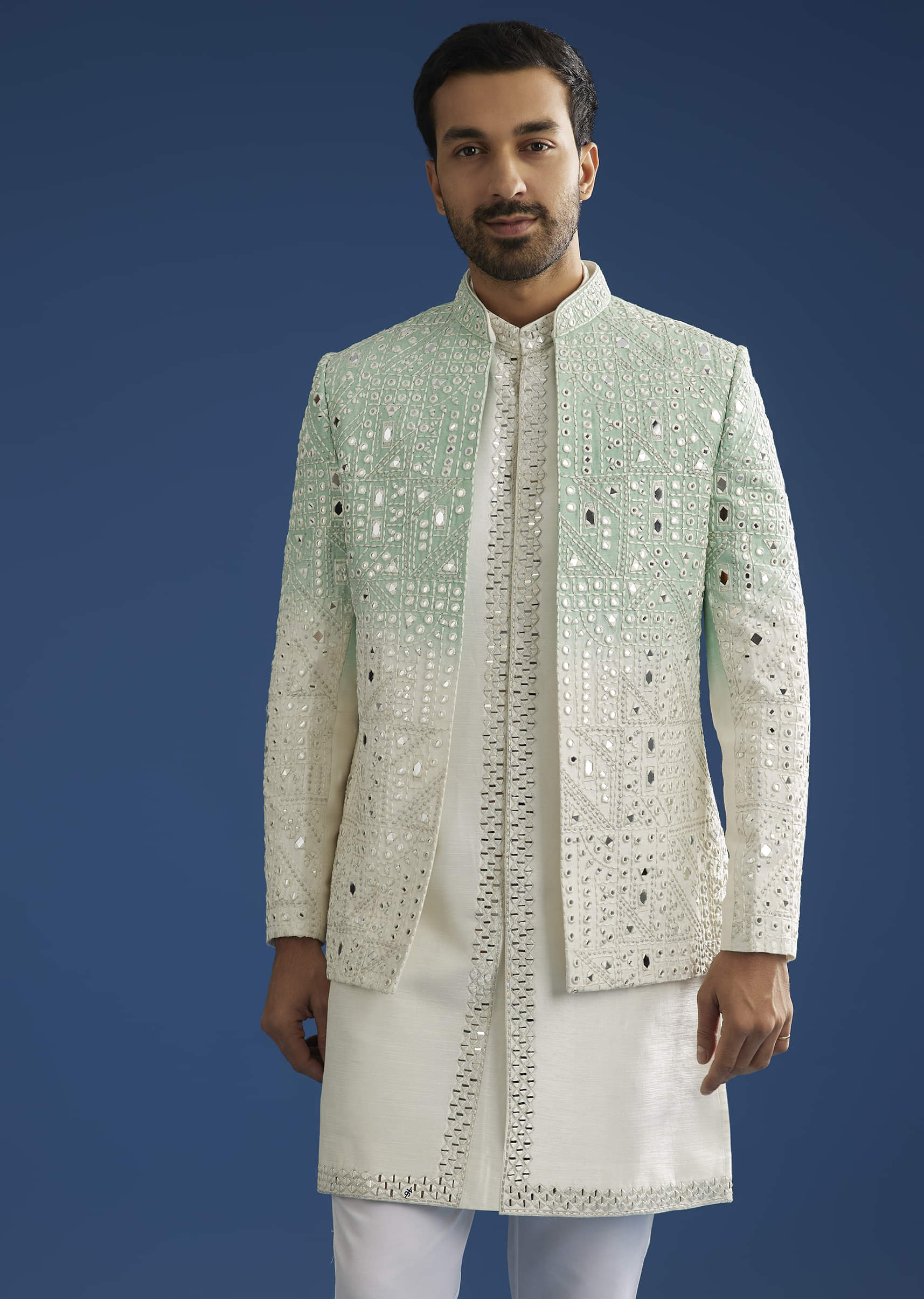 Ombre Green Silk Indo Western Jacket Set With Mirror And Thread Work - Image 3