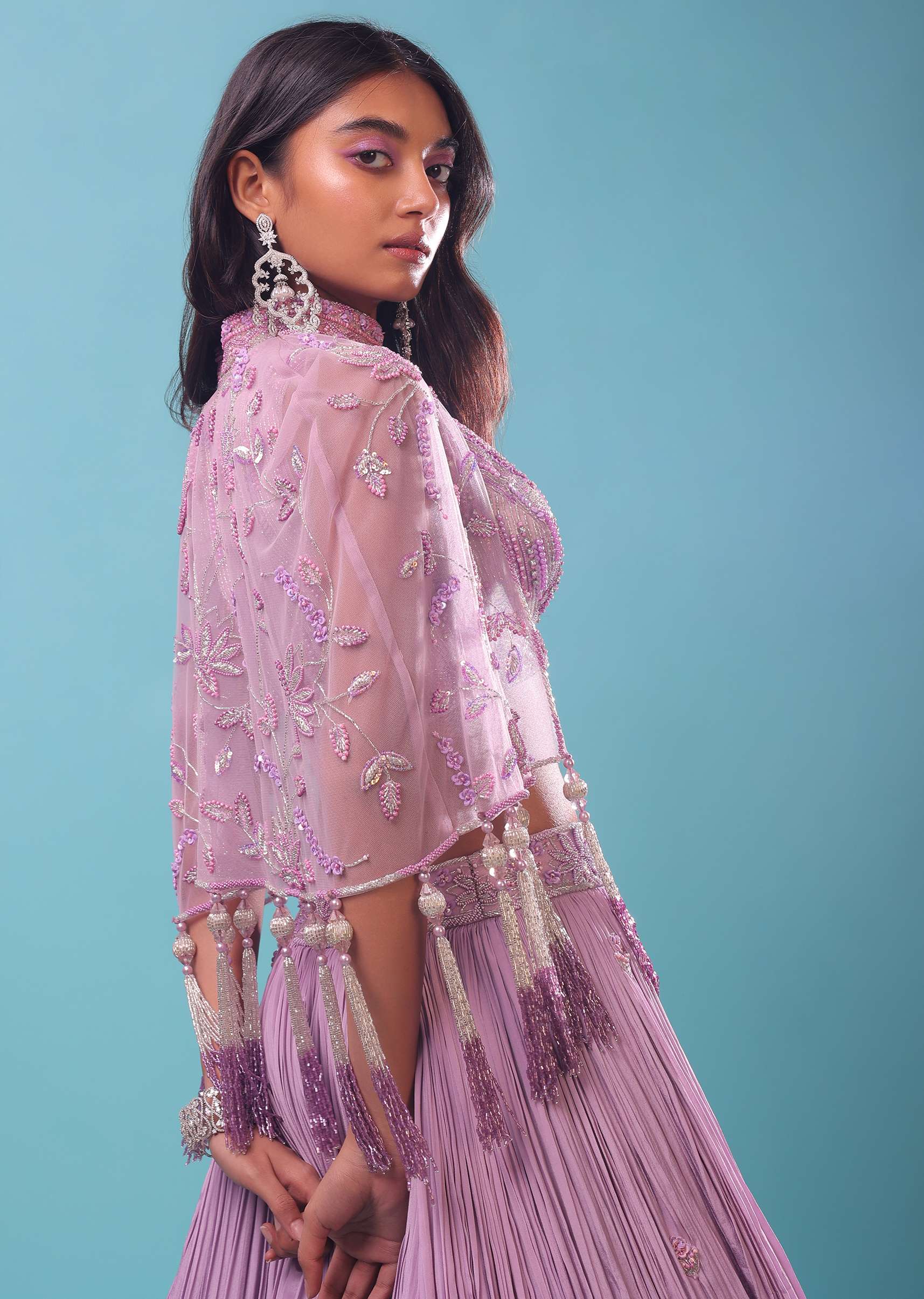 Ombre Lehenga And Crop Top In Moti Cut An Dana Embroidery, Cape Jacket In Tassels Fringes At The Border - Image 3