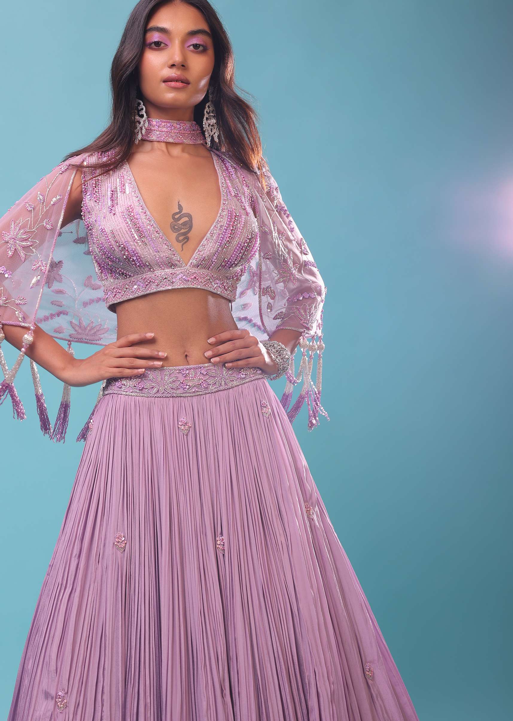 Ombre Lehenga And Crop Top In Moti Cut An Dana Embroidery, Cape Jacket In Tassels Fringes At The Border - Image 5