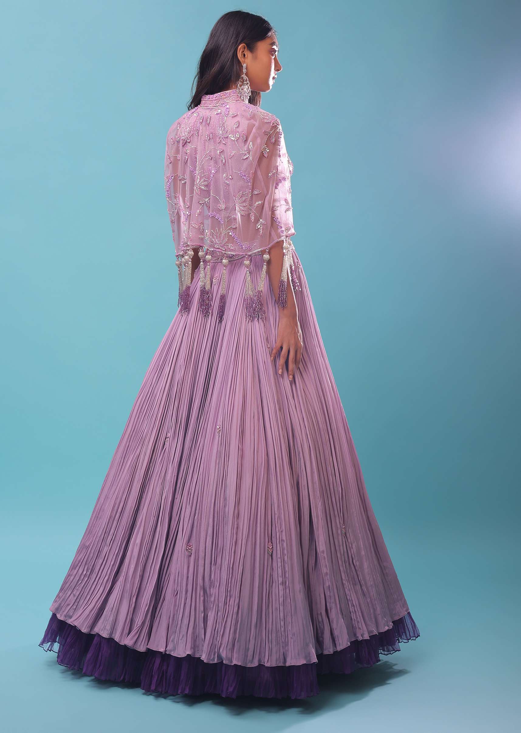 Ombre Lehenga And Crop Top In Moti Cut An Dana Embroidery, Cape Jacket In Tassels Fringes At The Border - Image 6