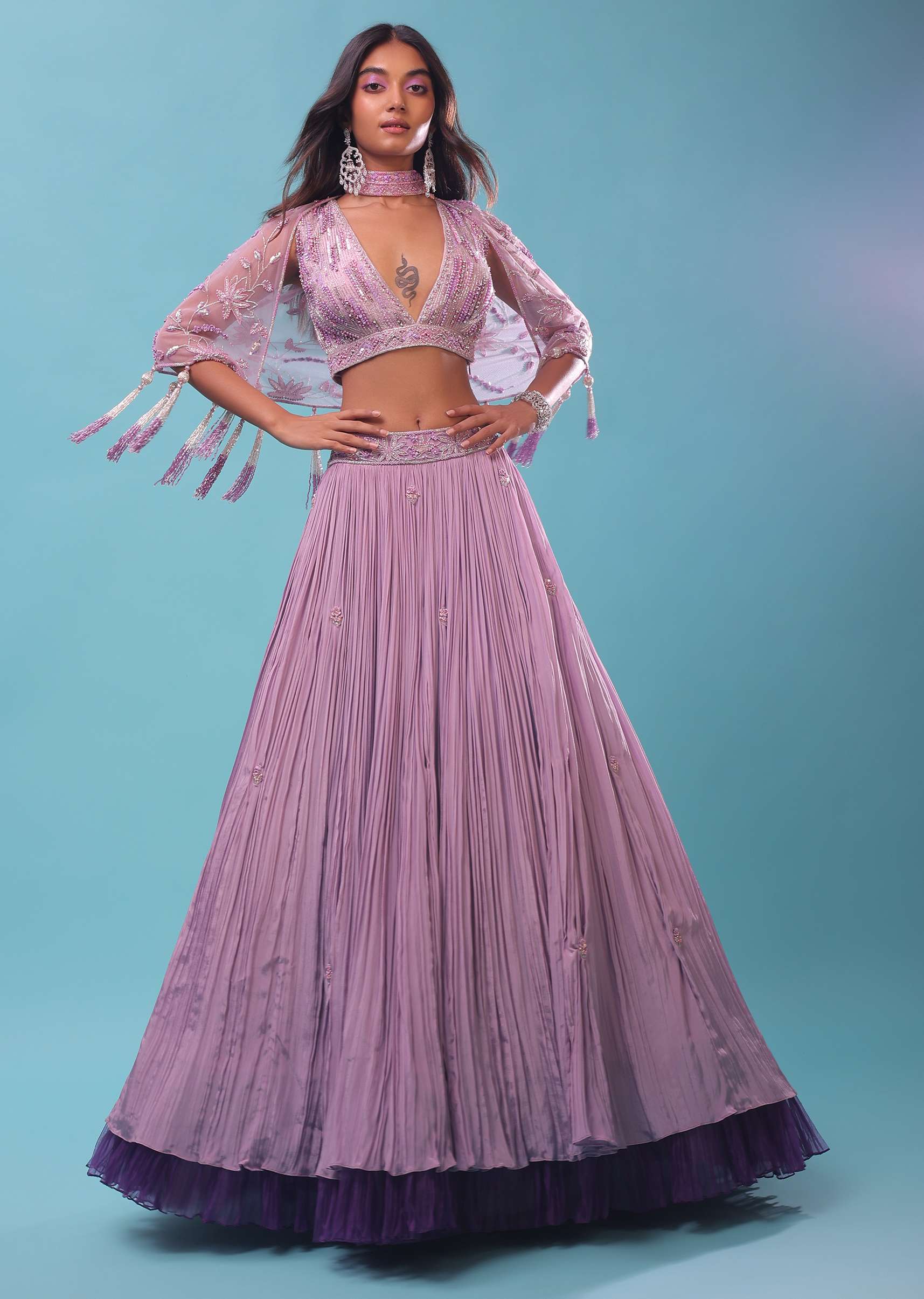 Ombre Lehenga And Crop Top In Moti Cut An Dana Embroidery, Cape Jacket In Tassels Fringes At The Border - Image 7