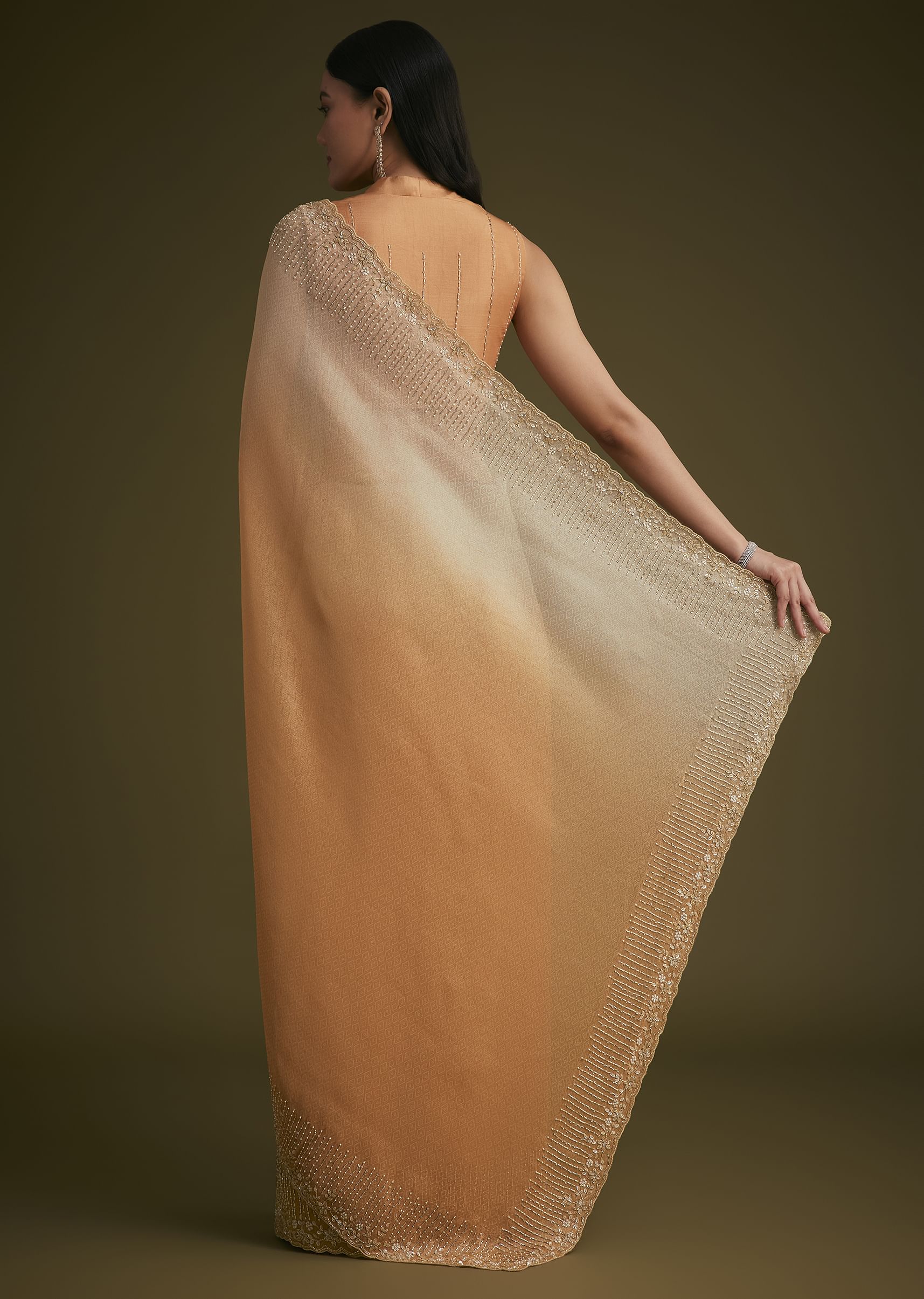 Ombre Orange Jacquard Saree With Cutdana And Stone Embroidery - Image 6