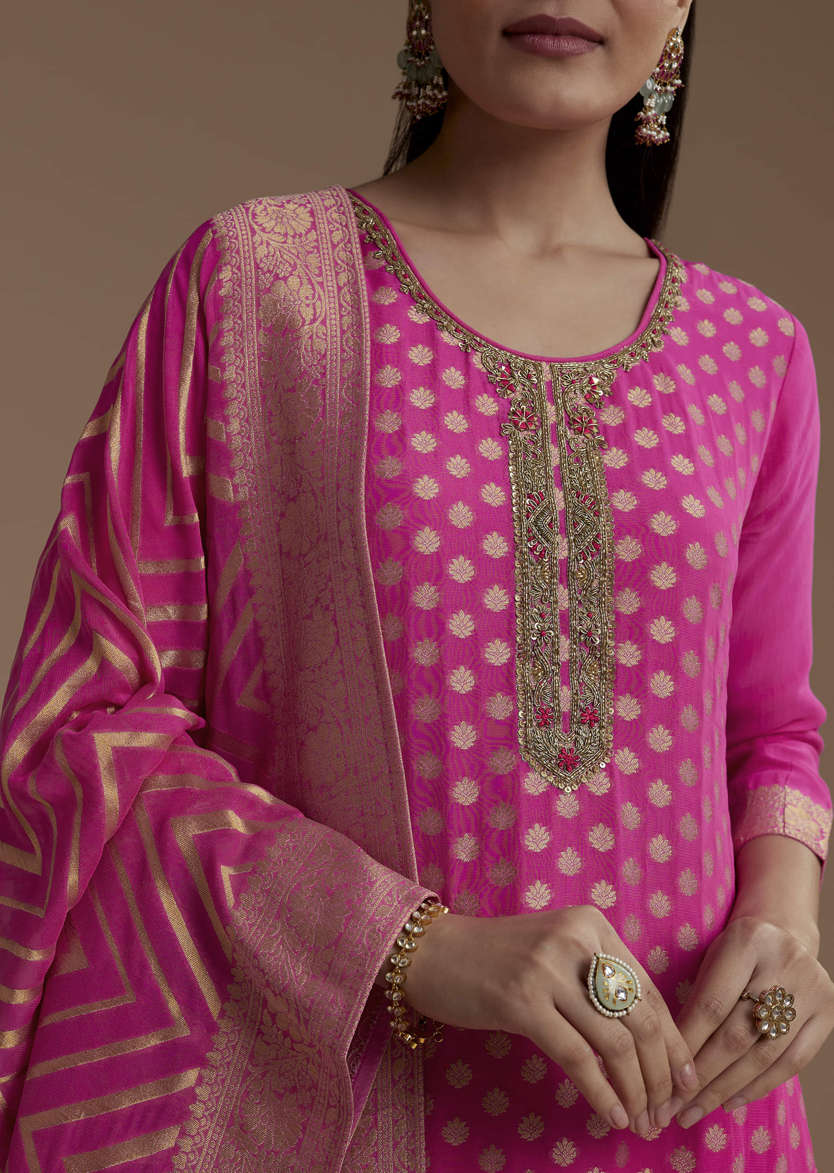 Ombre Pink Jacquard Weave Kurta Set - Image 2