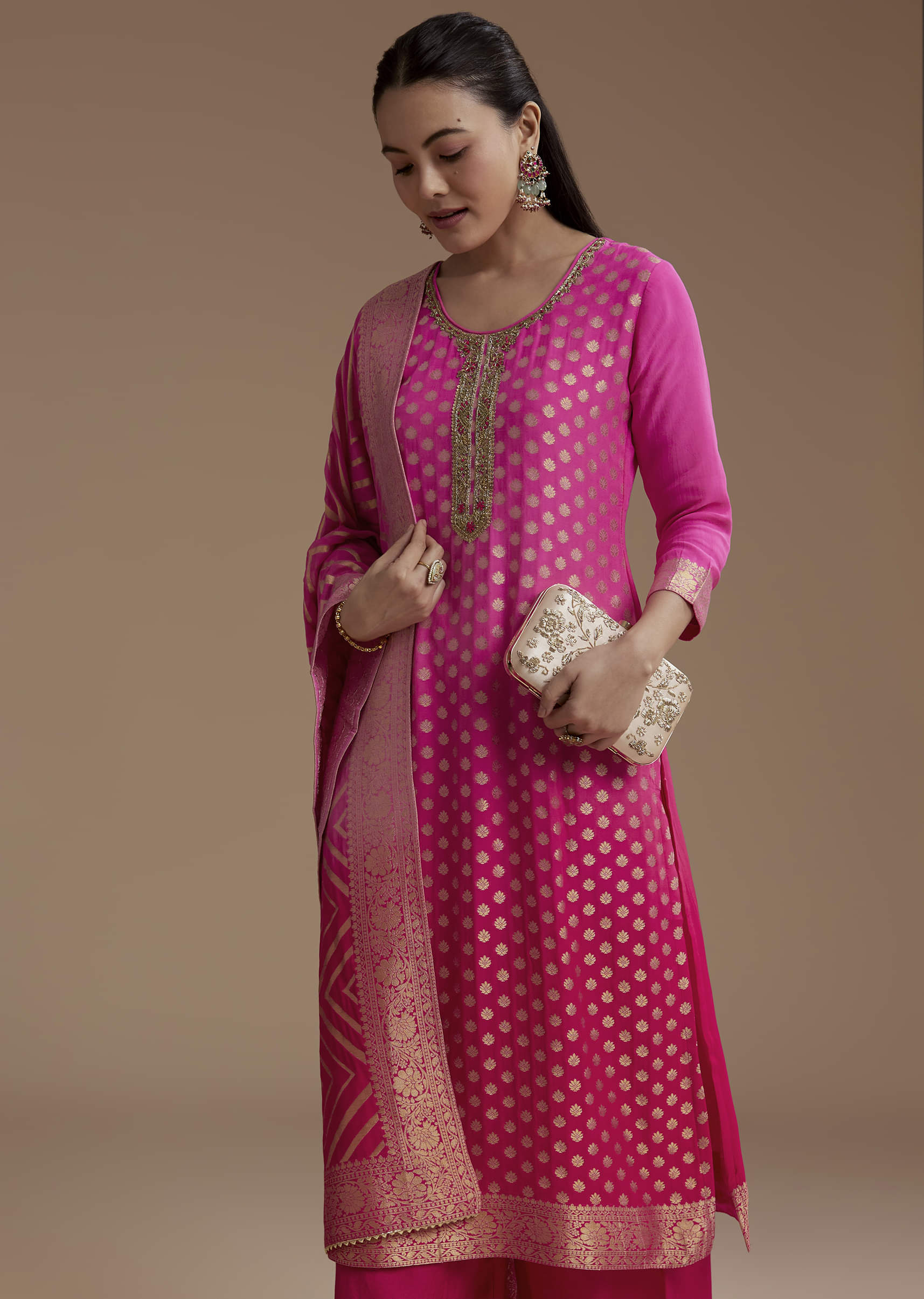Ombre Pink Jacquard Weave Kurta Set - Image 4
