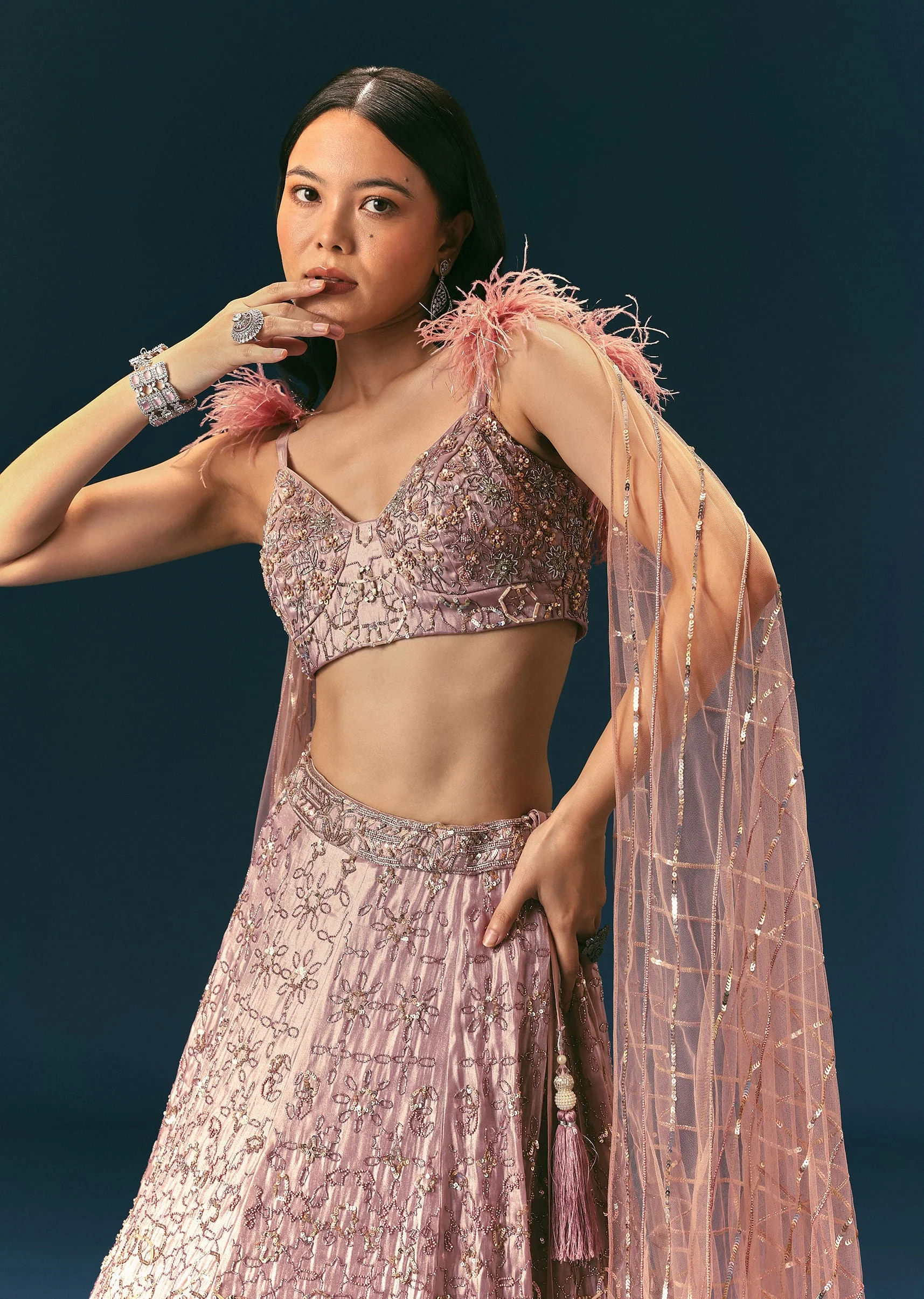 Onion Organza Lehenga And Blouse Set With Choker Dupatta - Image 2