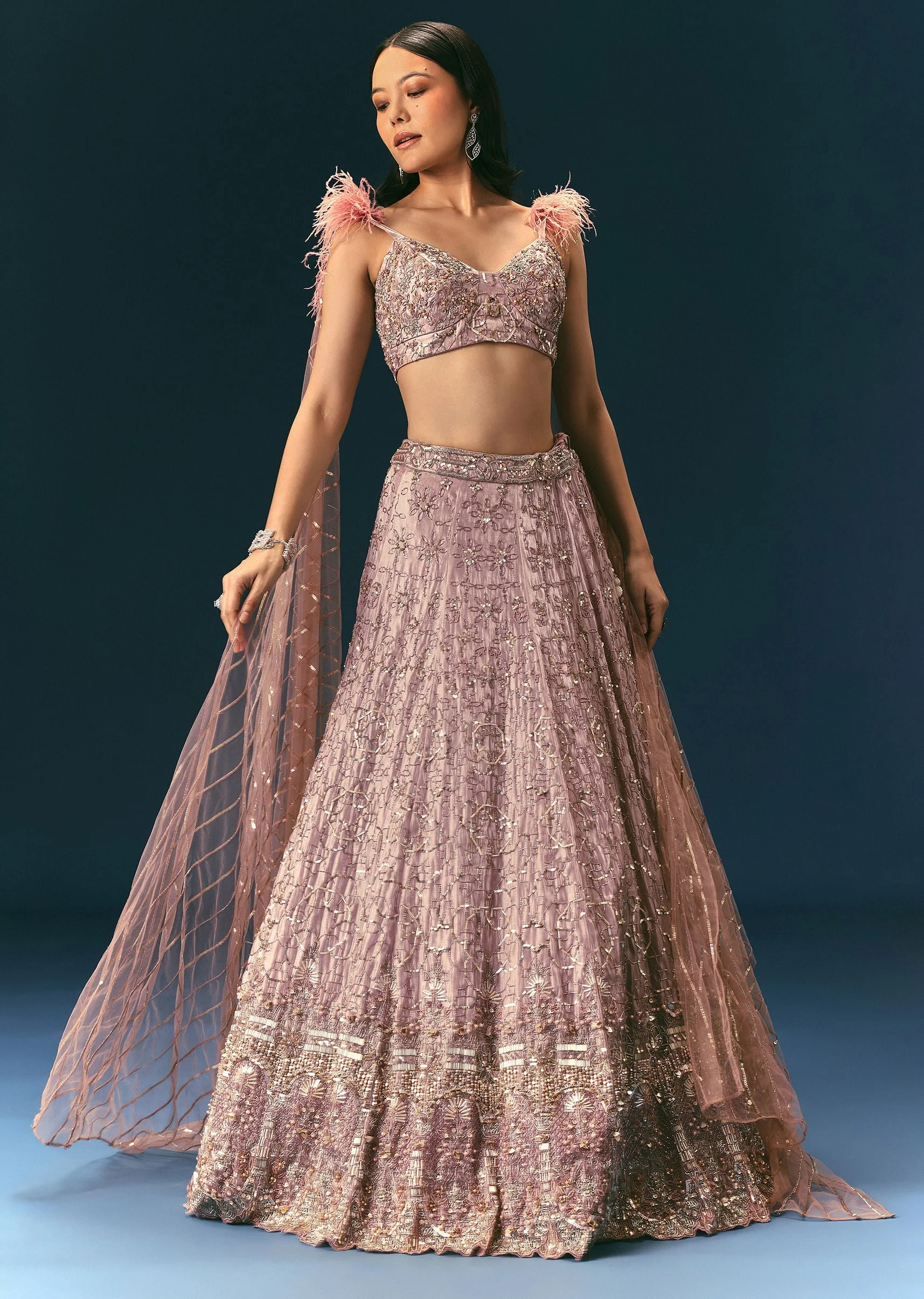Onion Organza Lehenga And Blouse Set With Choker Dupatta - Image 3