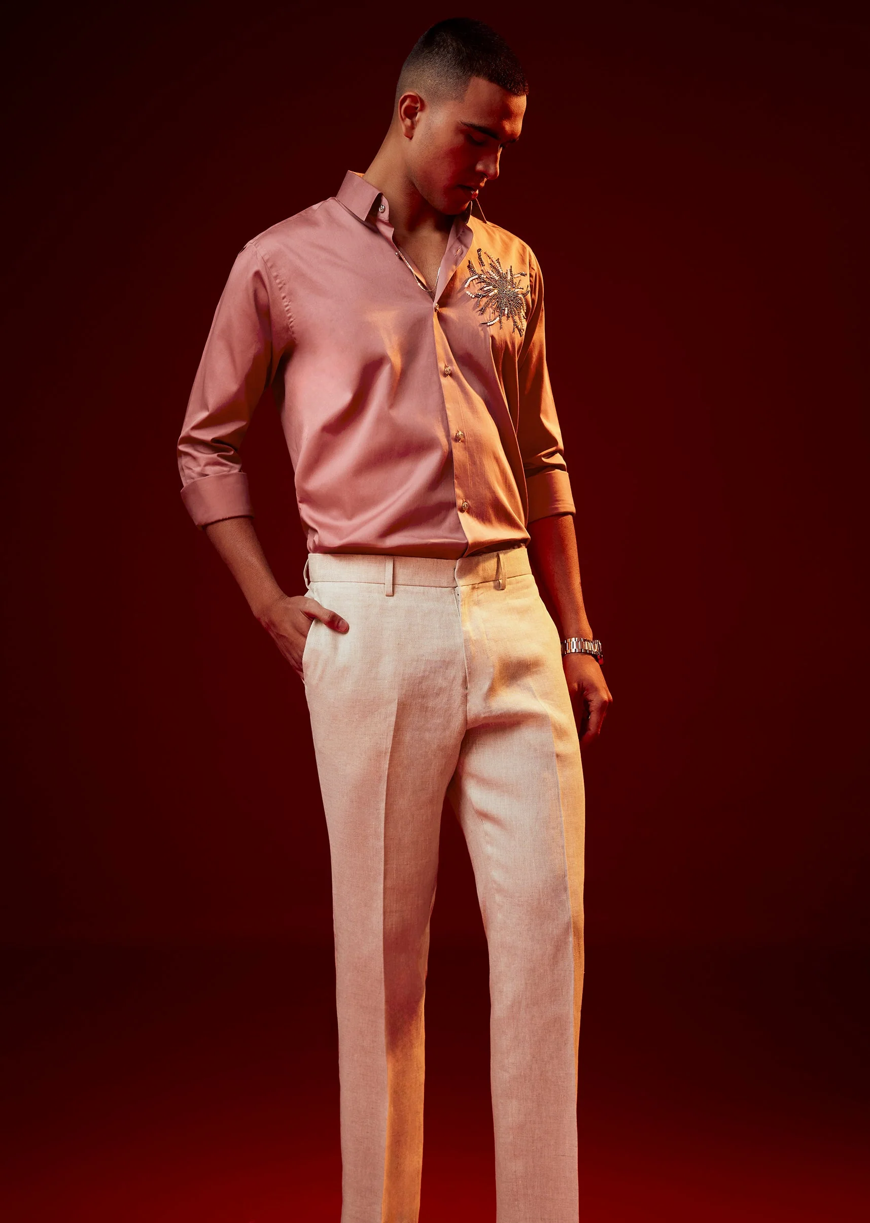 Onion Pink Embellished Silk Blend Party Shirt