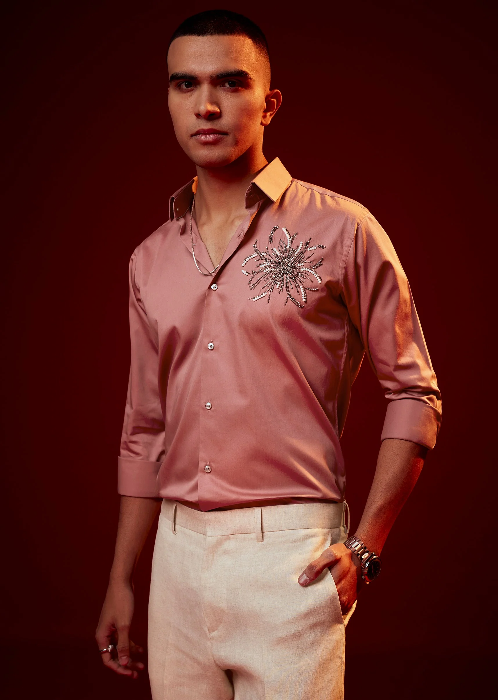 Onion Pink Embellished Silk Blend Party Shirt - Image 3