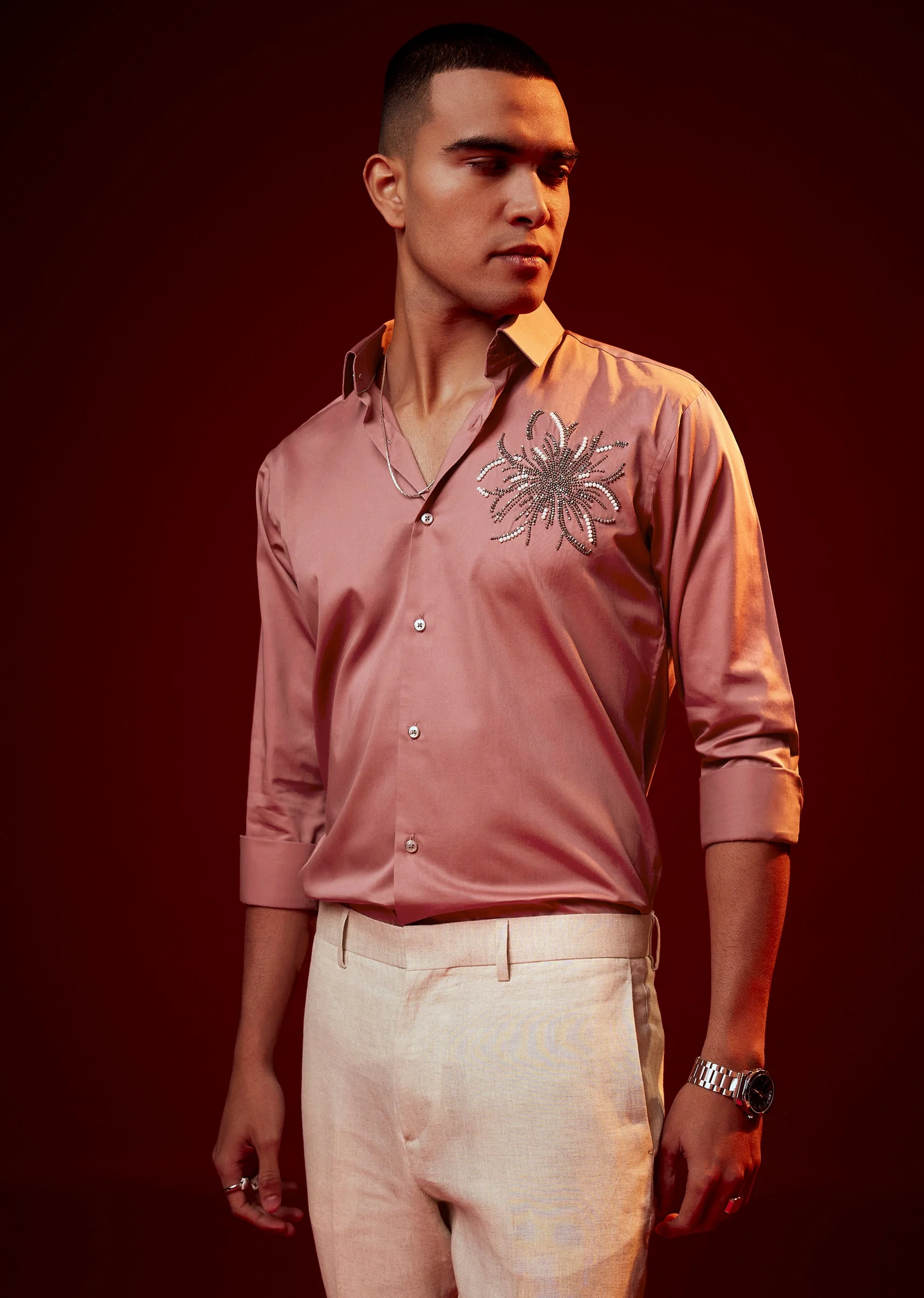 Onion Pink Embellished Silk Blend Party Shirt - Image 4