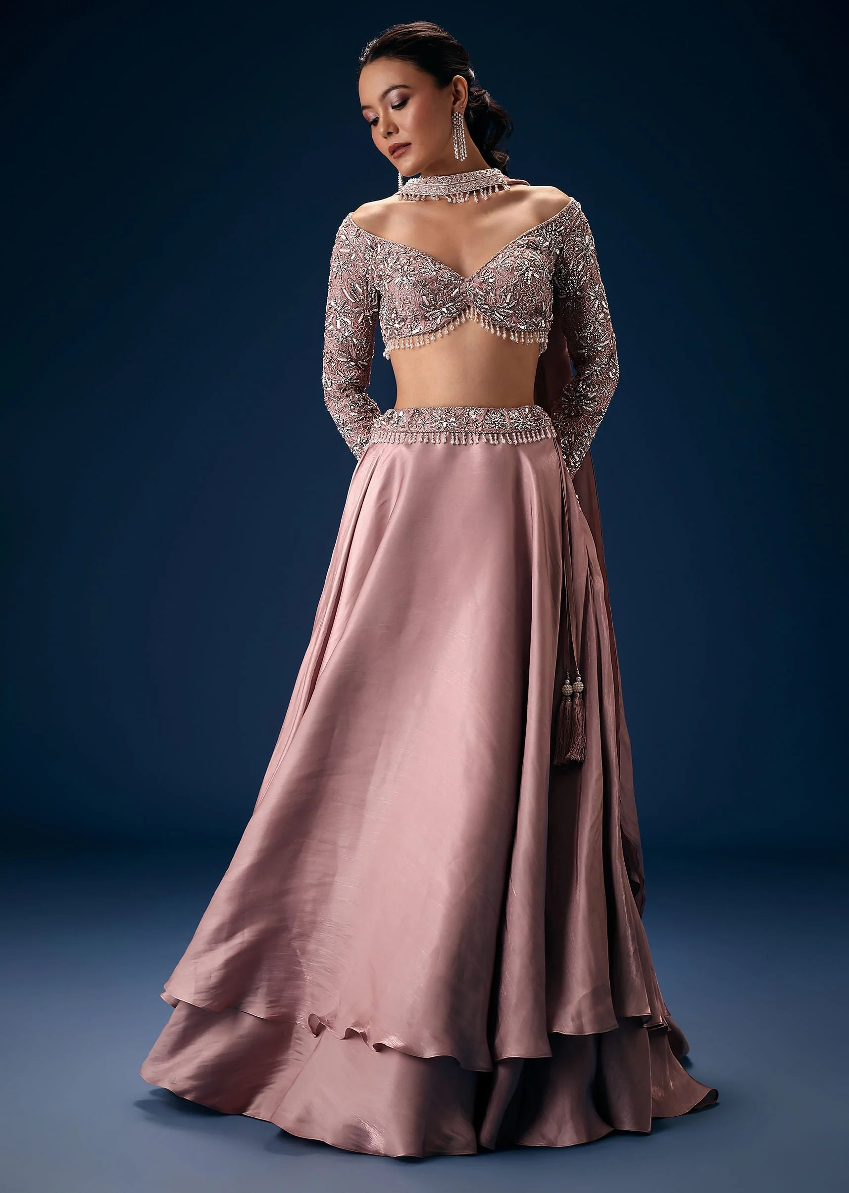 Onion Pink Embroidered Blouse With Lehenga And Choker Dupatta - Image 3