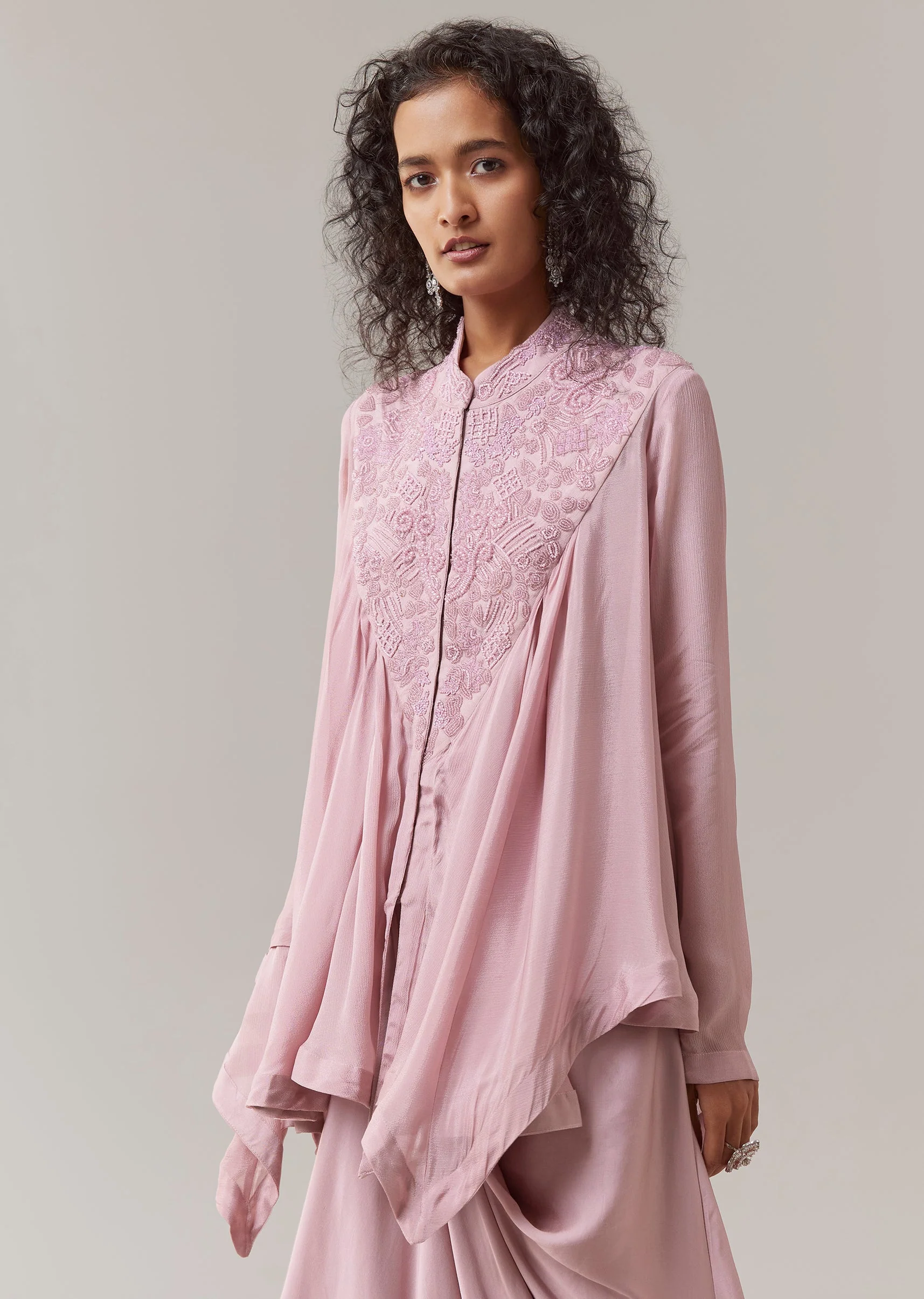 Onion Pink Embroidered Cape Top and Skirt Set - Image 4