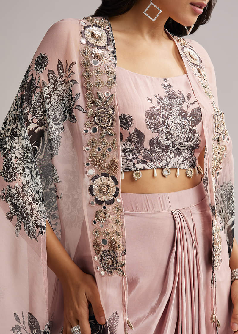 Onion Pink Floral Cape Set With Crop Top And Skirt - Image 2