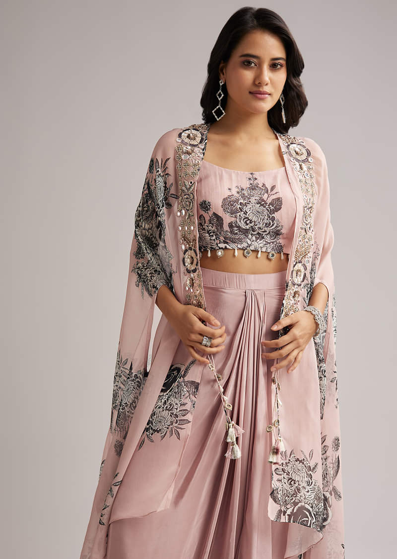 Onion Pink Floral Cape Set With Crop Top And Skirt - Image 4
