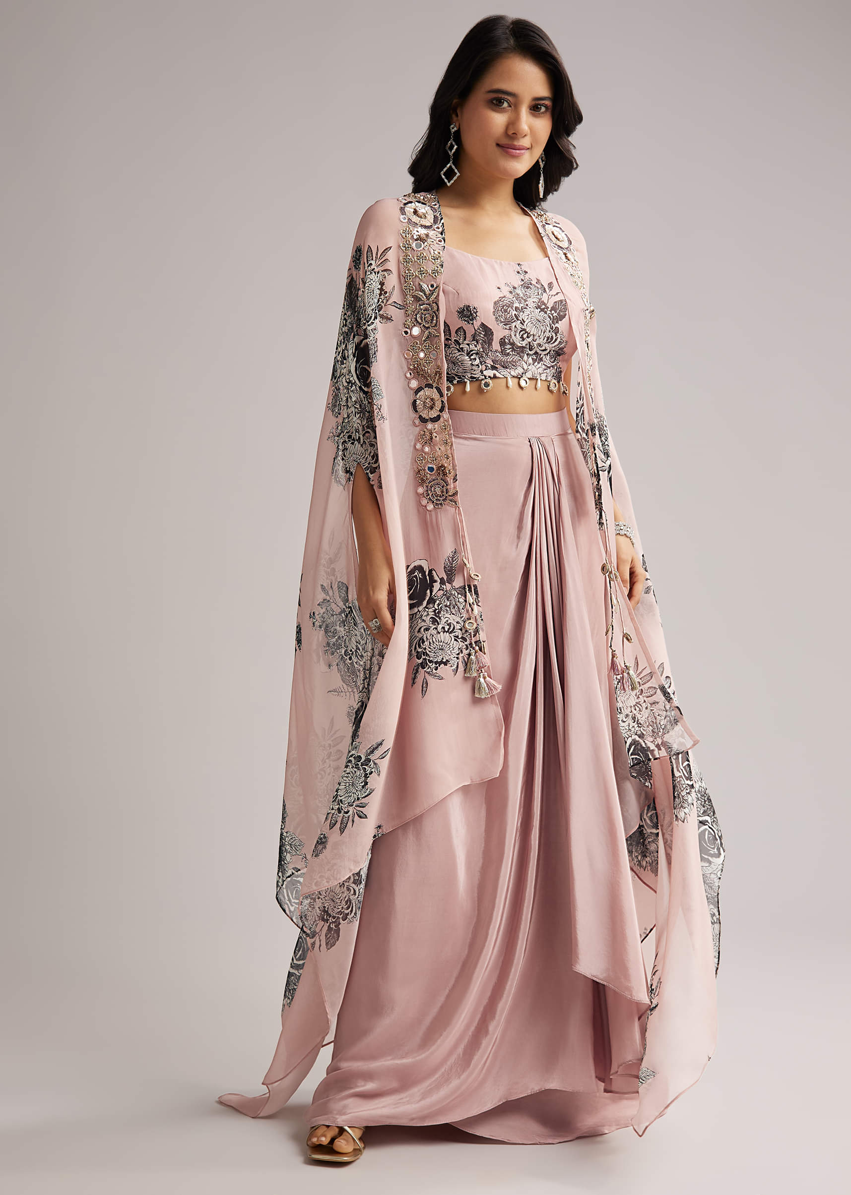 Onion Pink Floral Cape Set With Crop Top And Skirt - Image 7