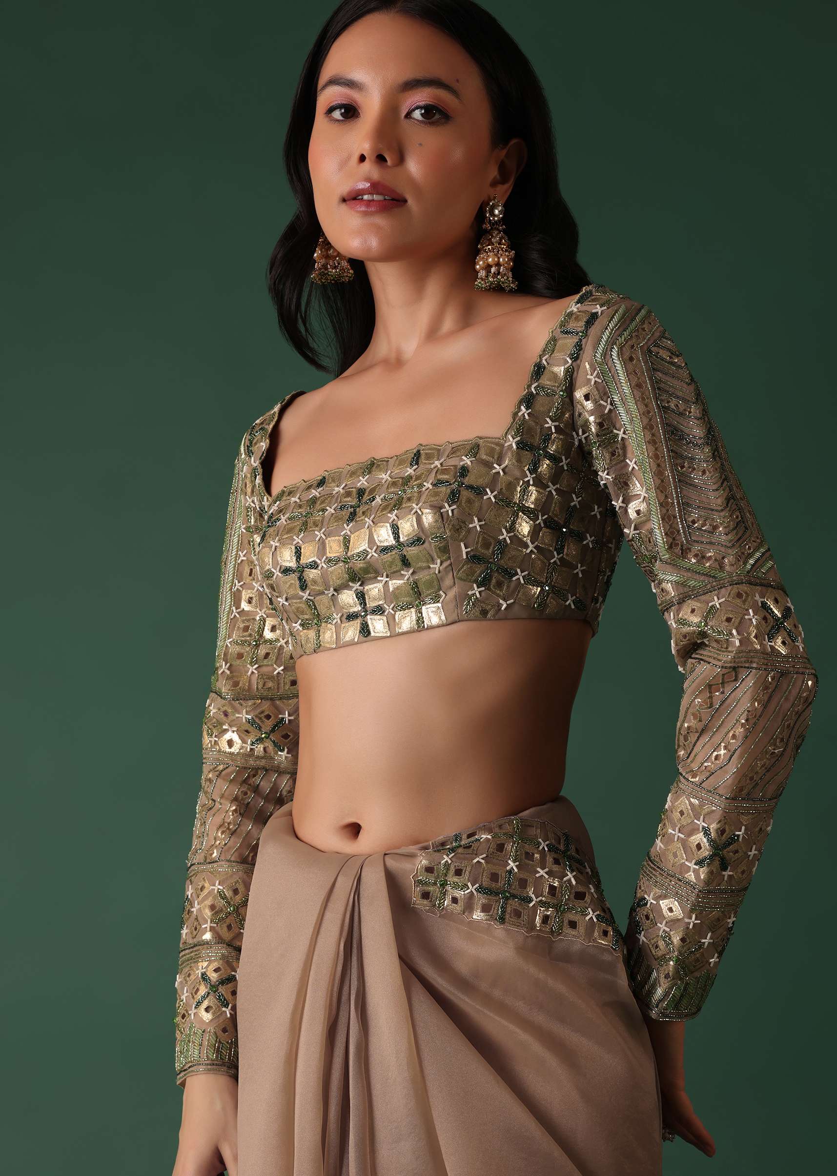 Onion Pink Foil Printed Saree And Blouse In Organza - Image 6